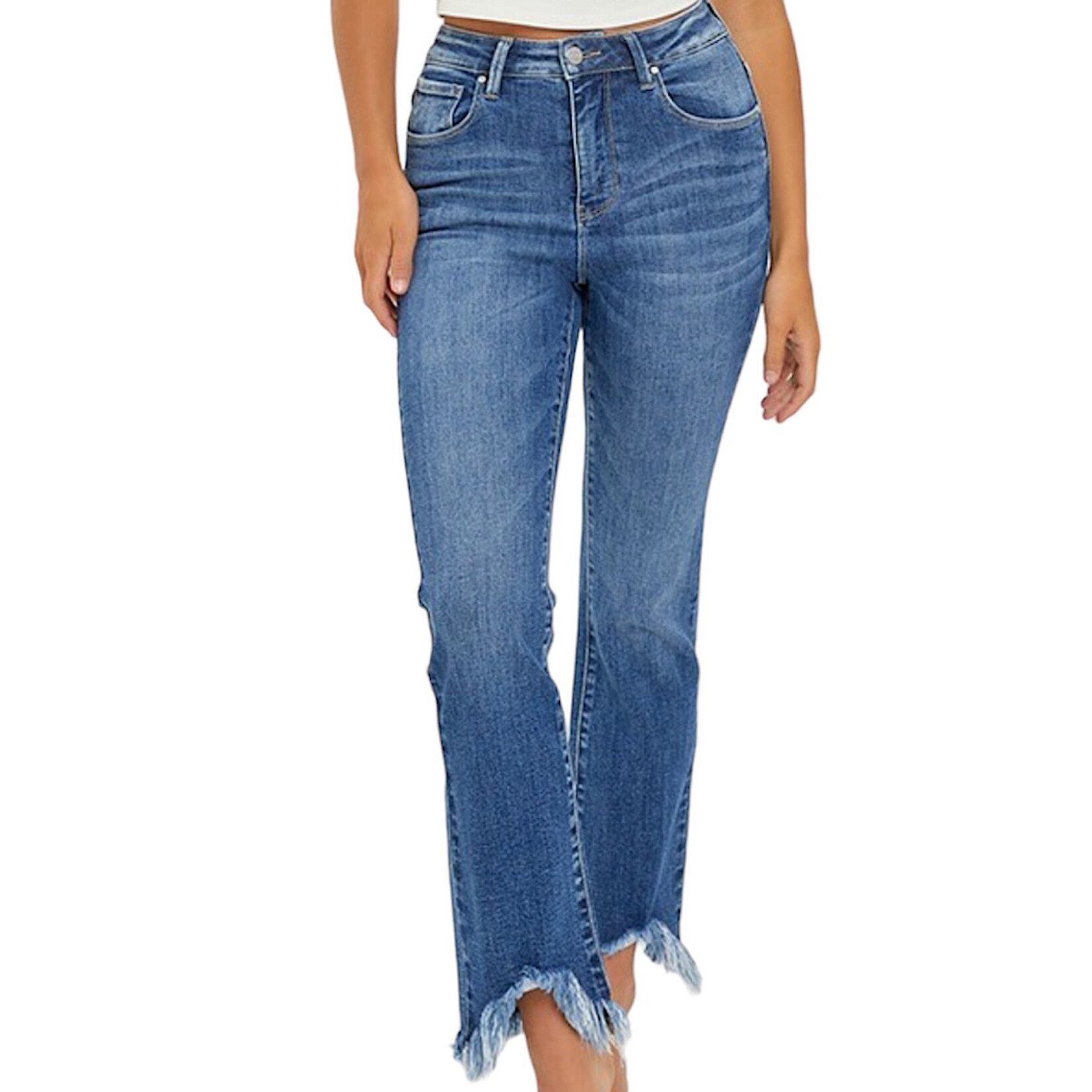 RISEN RDP5599 Medium H/R Fray Hem Ankle Bootcut Jeans