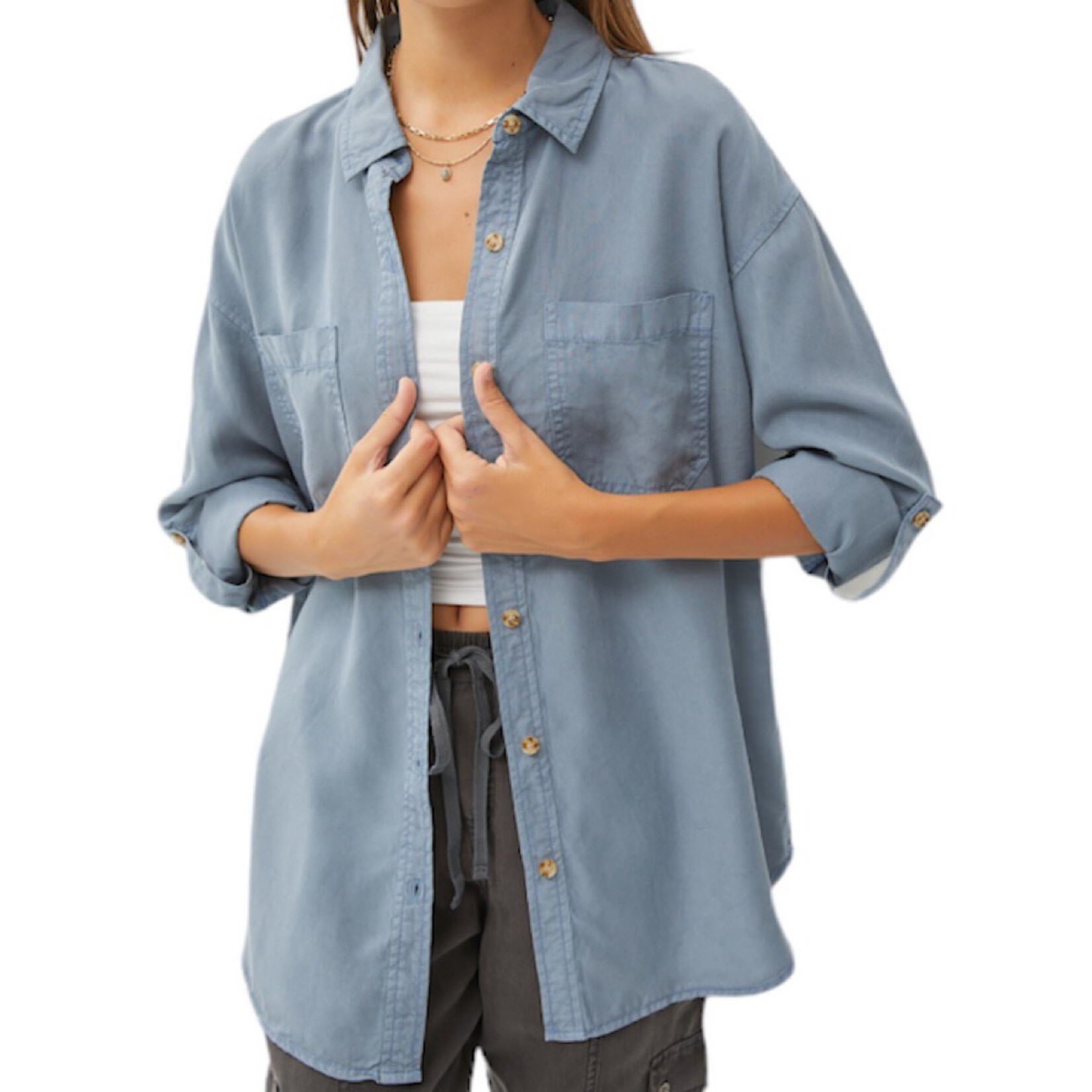 Slate Blue Tencel Button Down Oversized Shirt