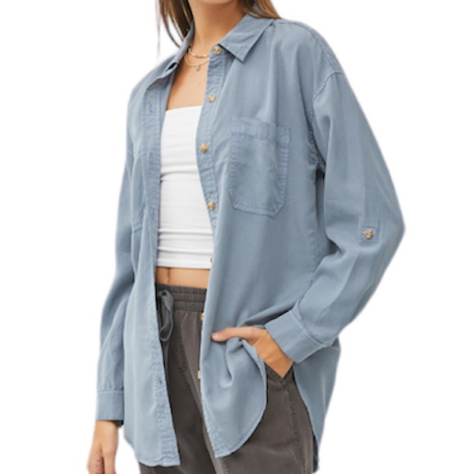 Slate Blue Tencel Button Down Oversized Shirt