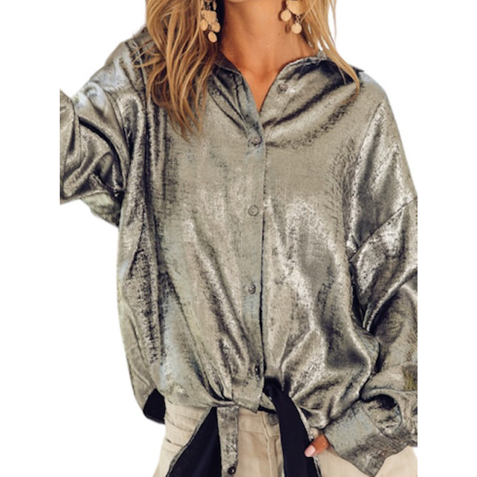 Silver Front Tie Metallic Shiny Blouse