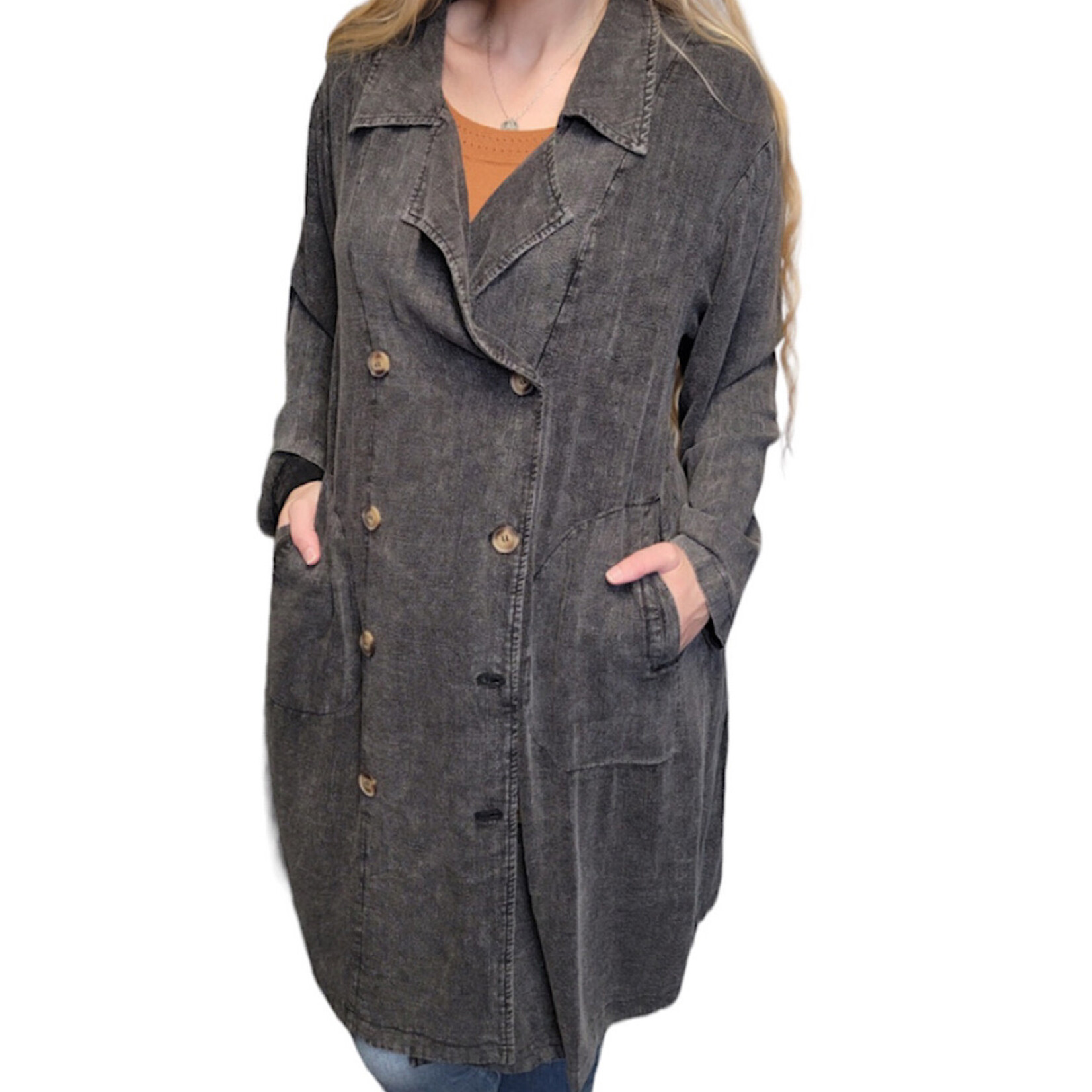 Black Washed Double Breasted Midi Trench Coat