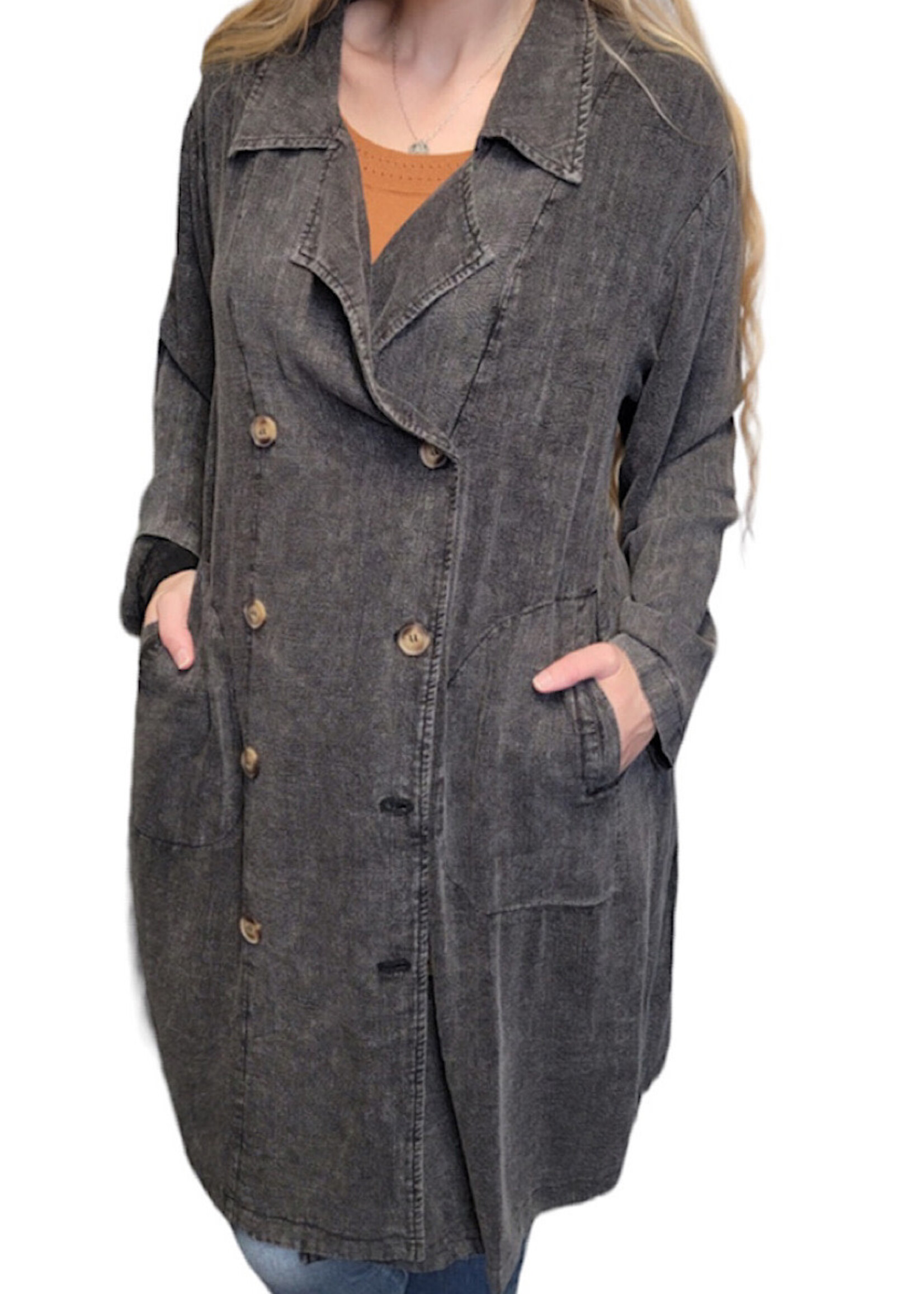 Black Washed Double Breasted Midi Trench Coat