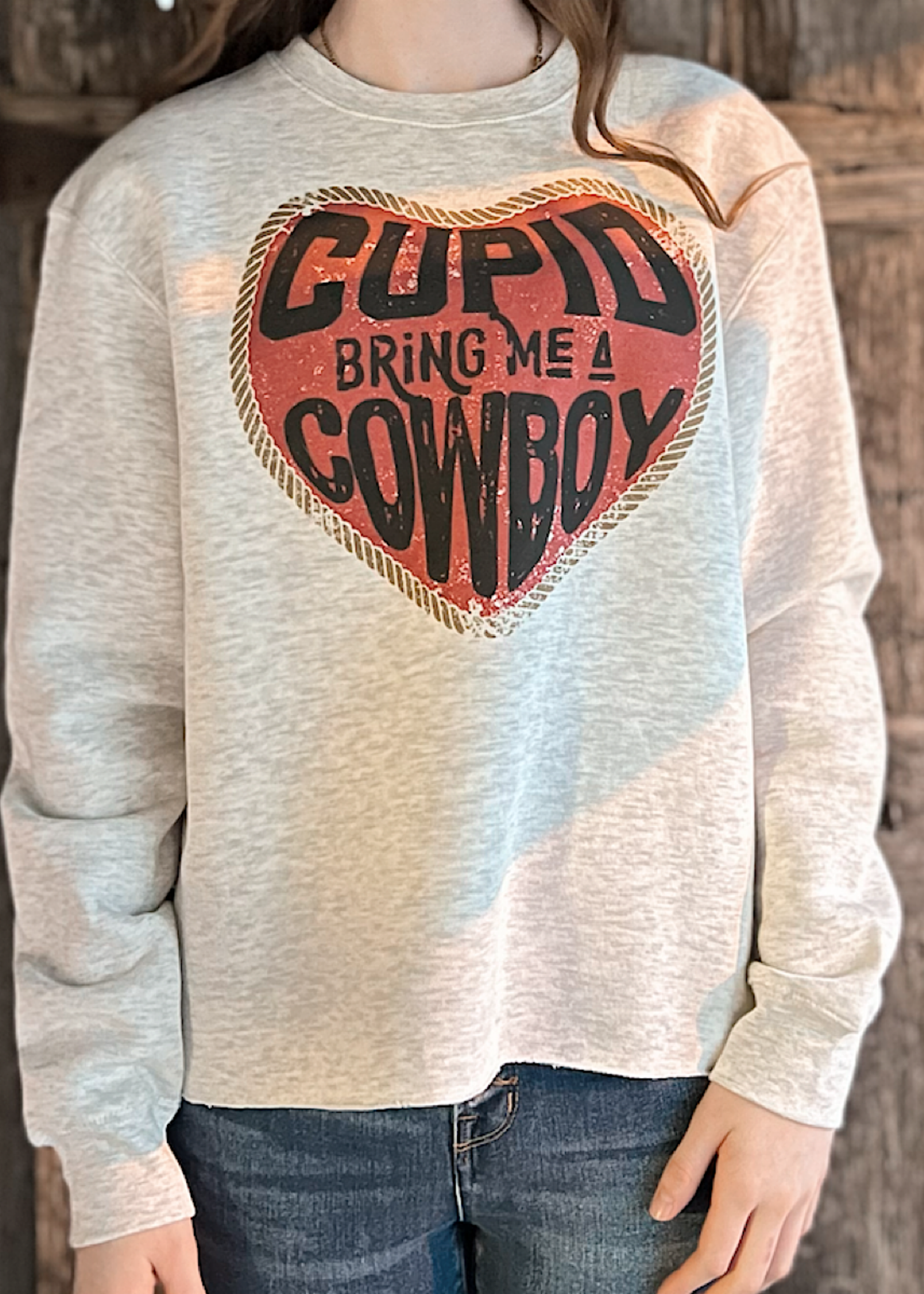 Grey Cupid Cowboy Valentine's Day Cropped Sweatshirt