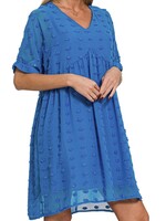 Blue Swiss Dot Babydoll V-Neck Dress