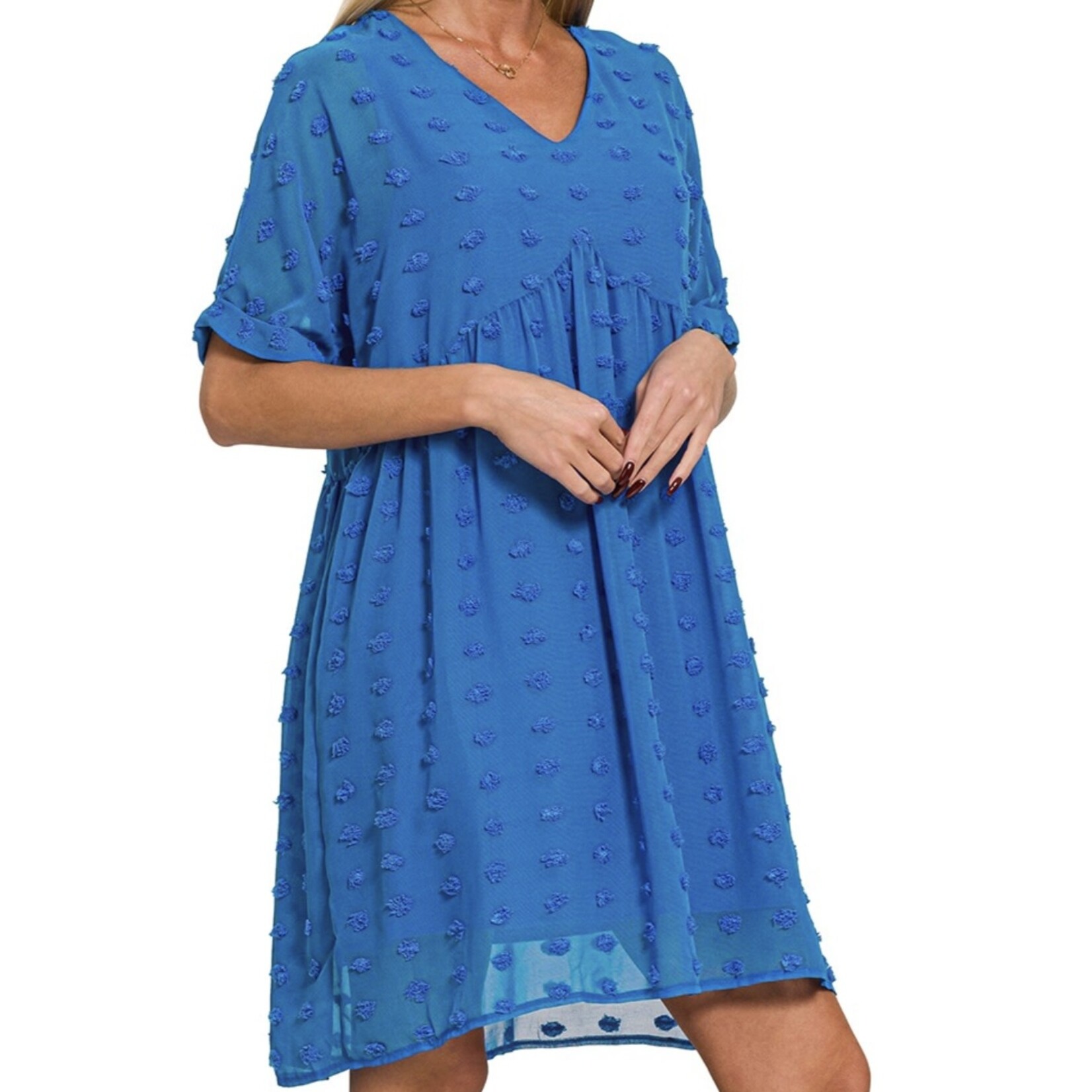 Blue Swiss Dot Babydoll V-Neck Dress