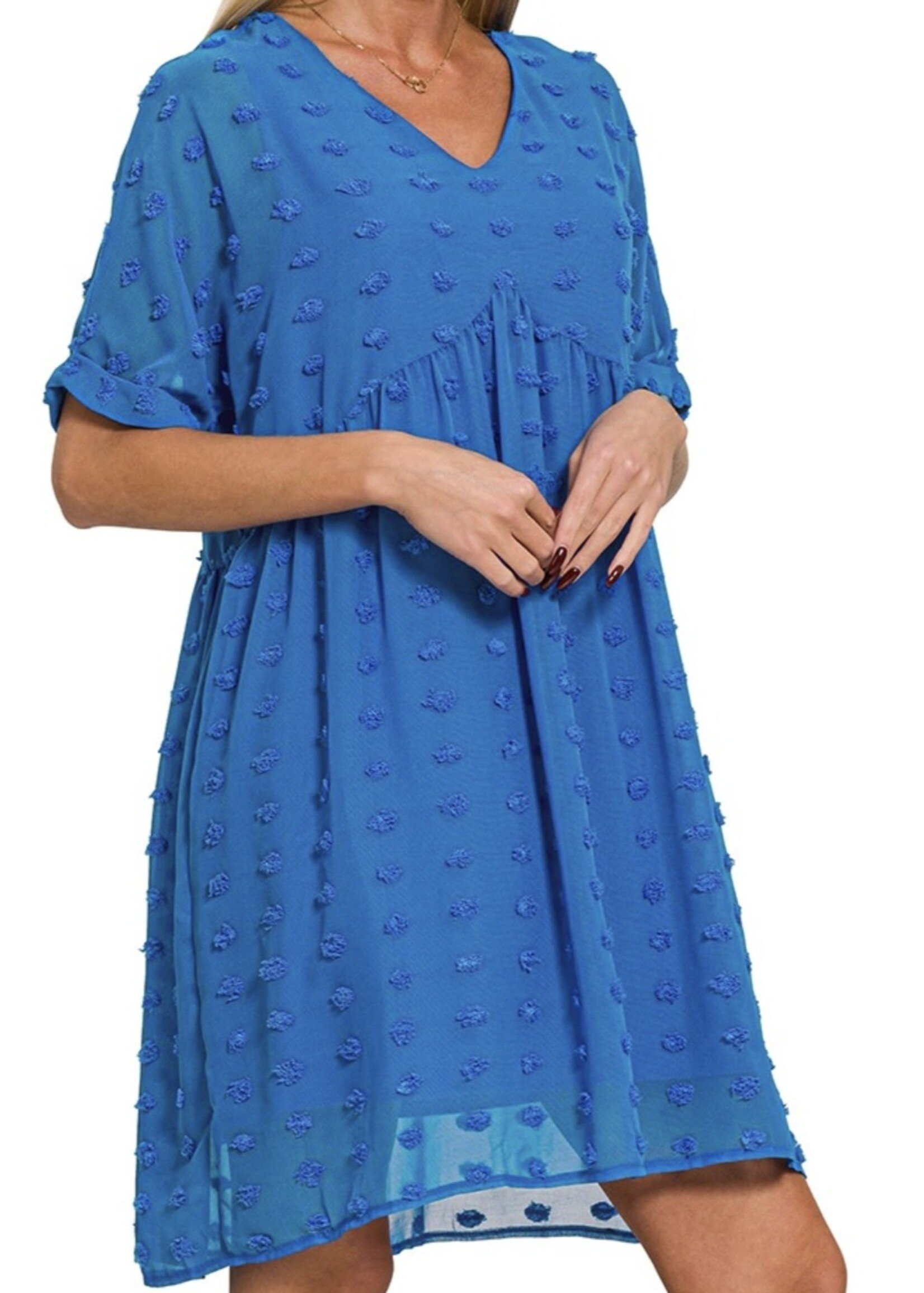 Blue Swiss Dot Babydoll V-Neck Dress