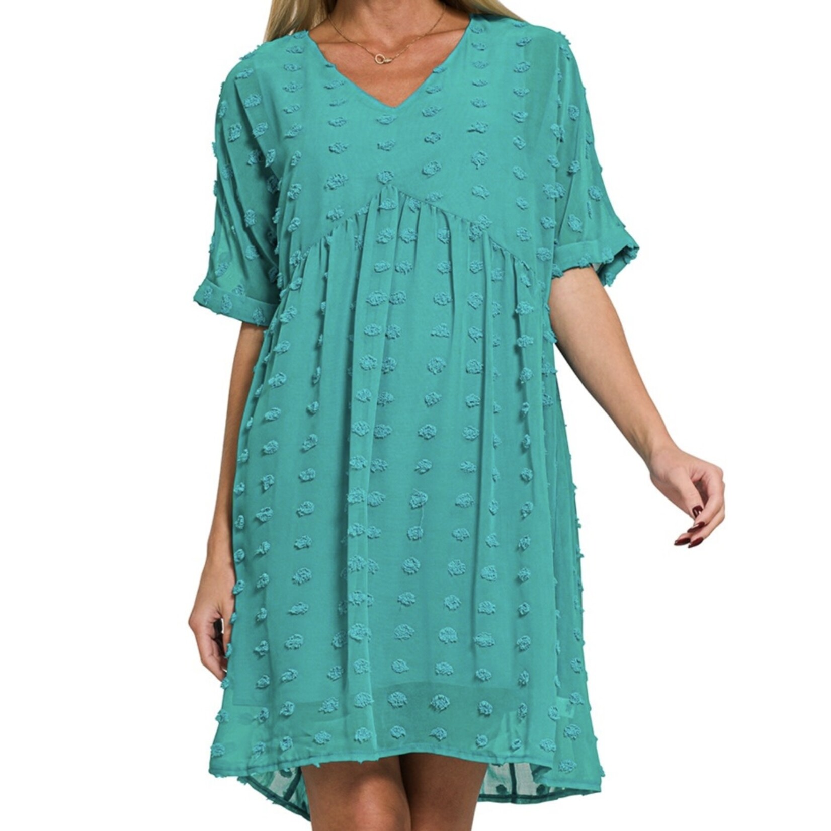 Teal Swiss Dot Babydoll V-Neck Dress