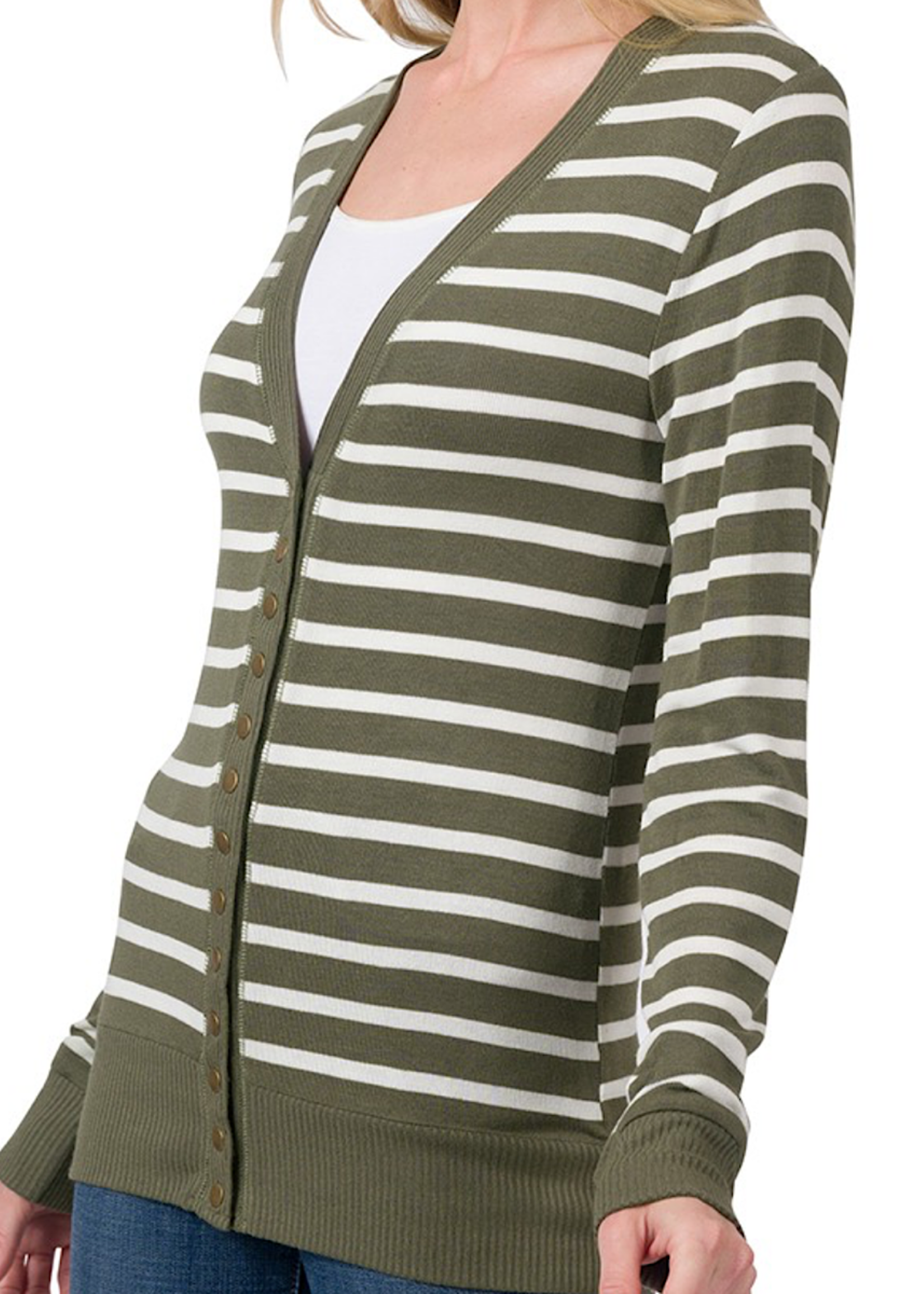 Olive/Ivory Striped Snap Button Cardigan