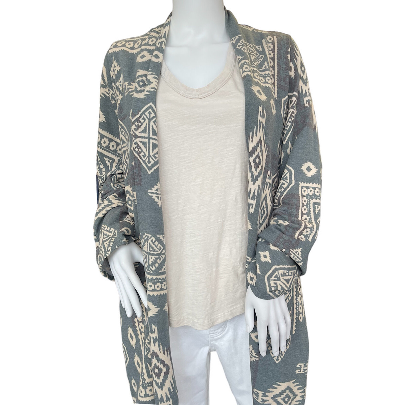 Green Ethnic Print Open Front Cardigan
