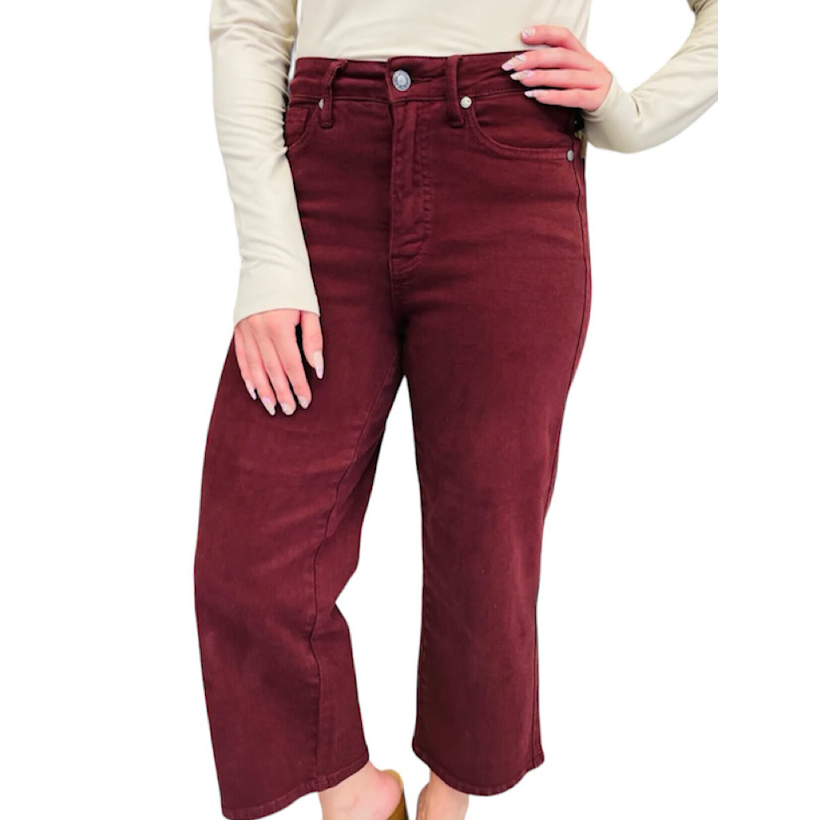 Judy Blue Judy Blue JB88752 Oxblood High Waist Tummy Control Garment Dyed Wide Crop