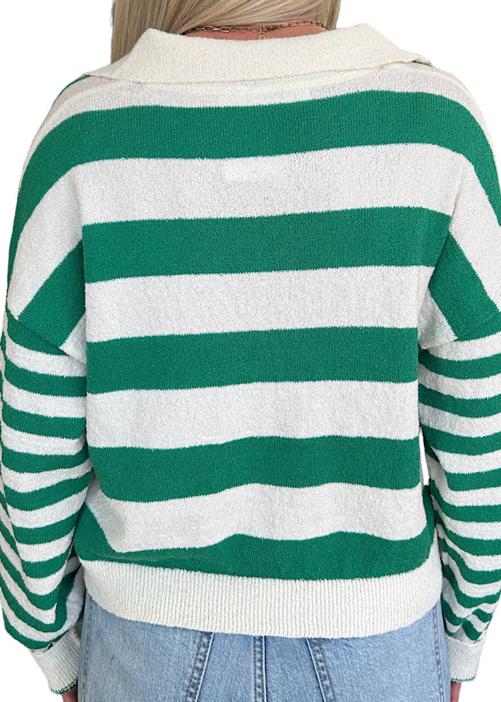 Green/ Cream Stripe V-Neck Sweater