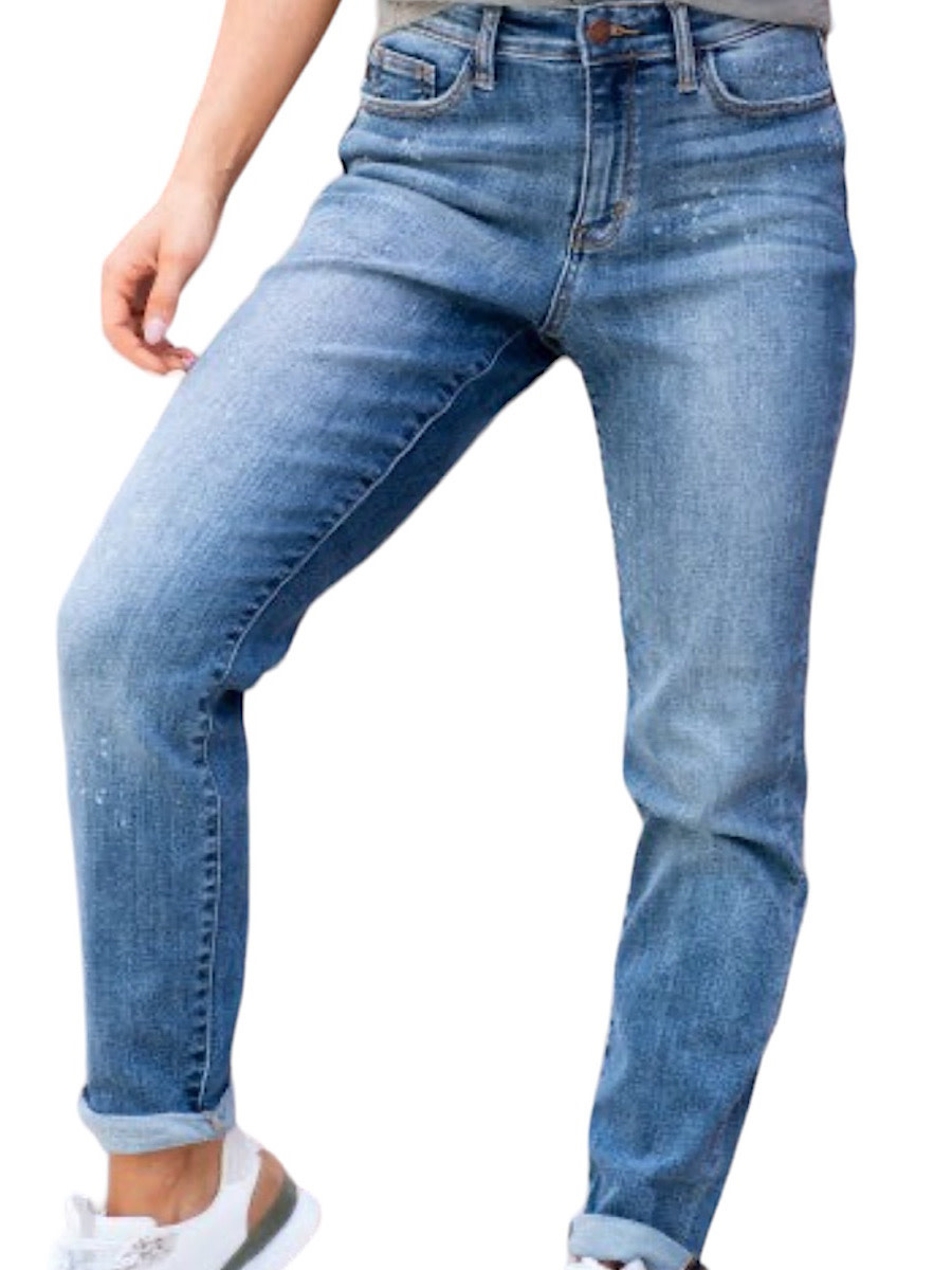JB82346dk High Rise Bleach Splash Boyfriend - Main Street