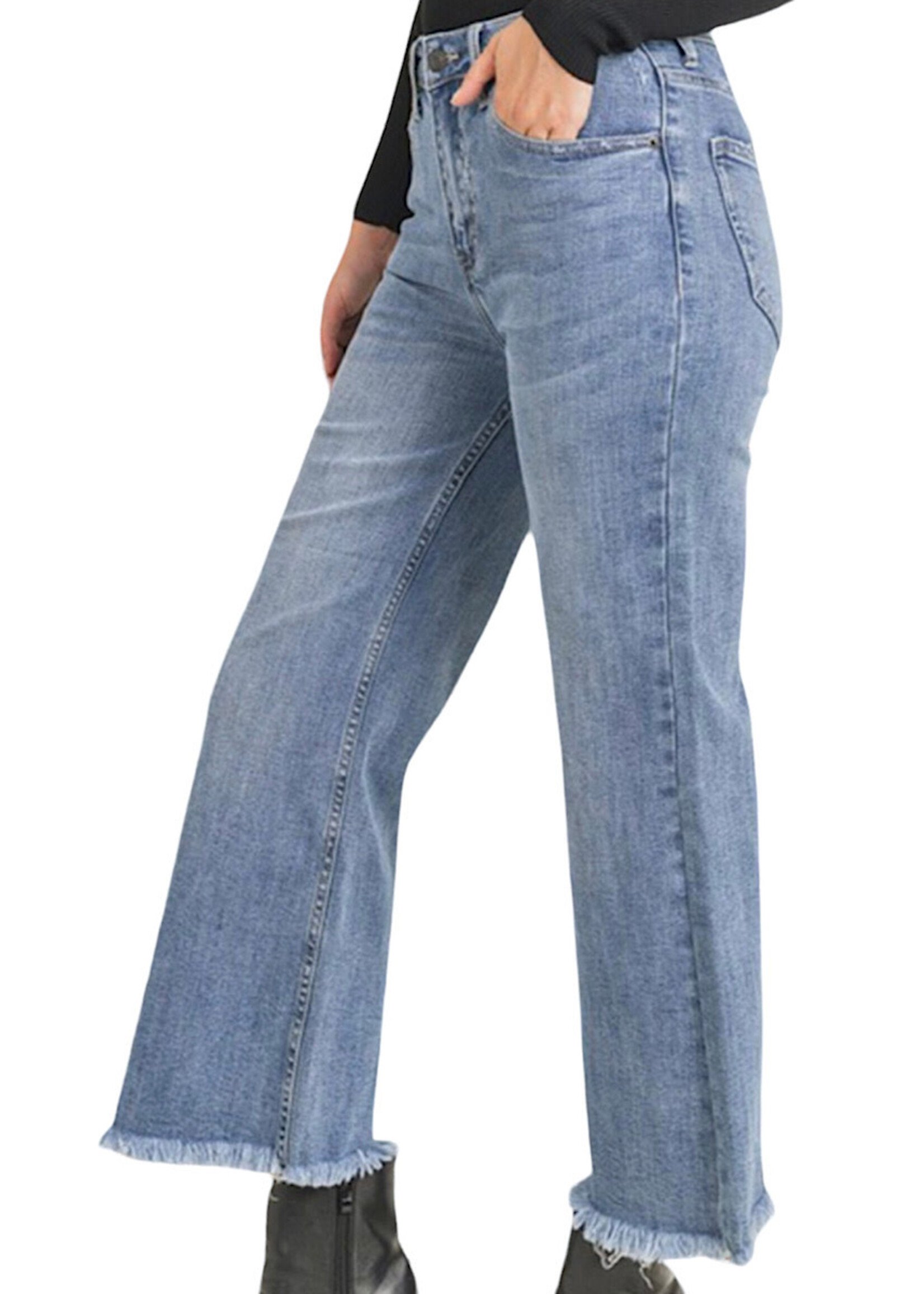 Risen High Rise Frayed Ankle Wide Jeans RDP1025