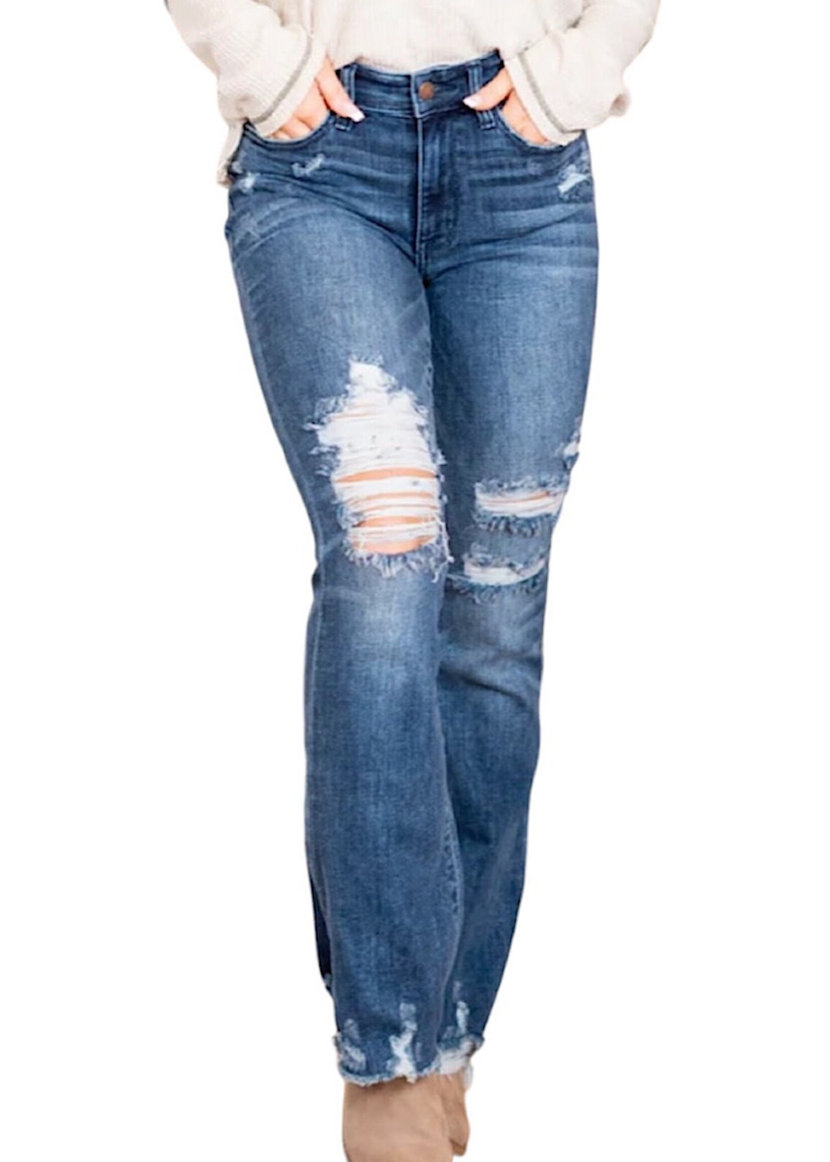 Judy Blue Women's Mid-Rise Contrast Destroyed Slim Bootcut Jeans