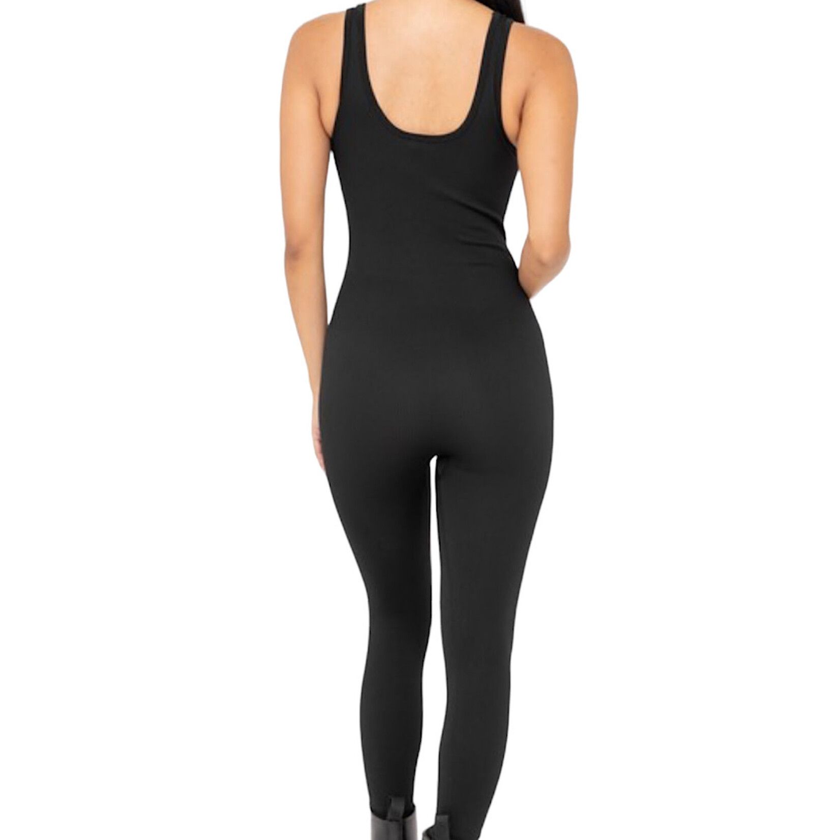 Black Ribbed Seamless V Neck Catsuit