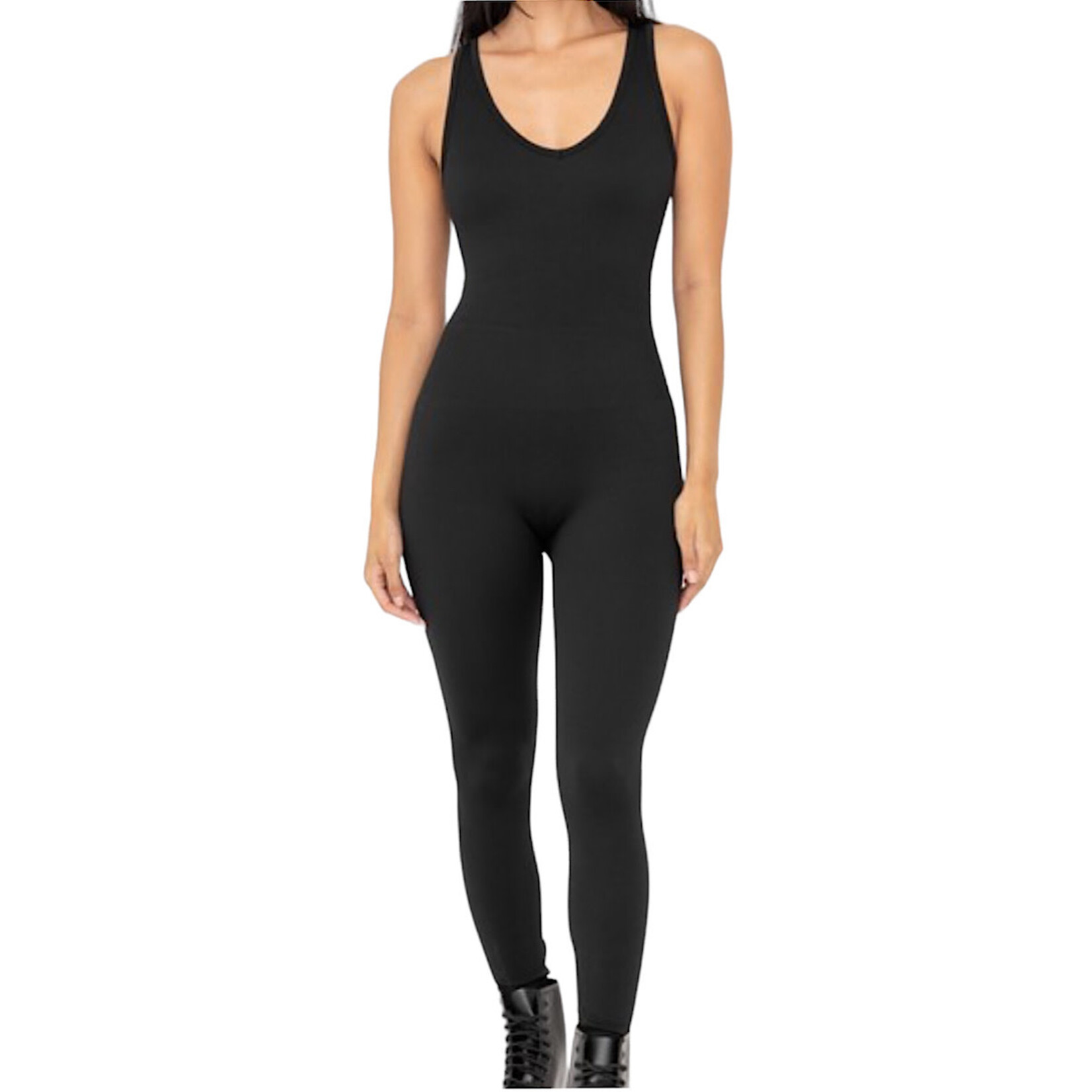 Black Ribbed Seamless V Neck Catsuit