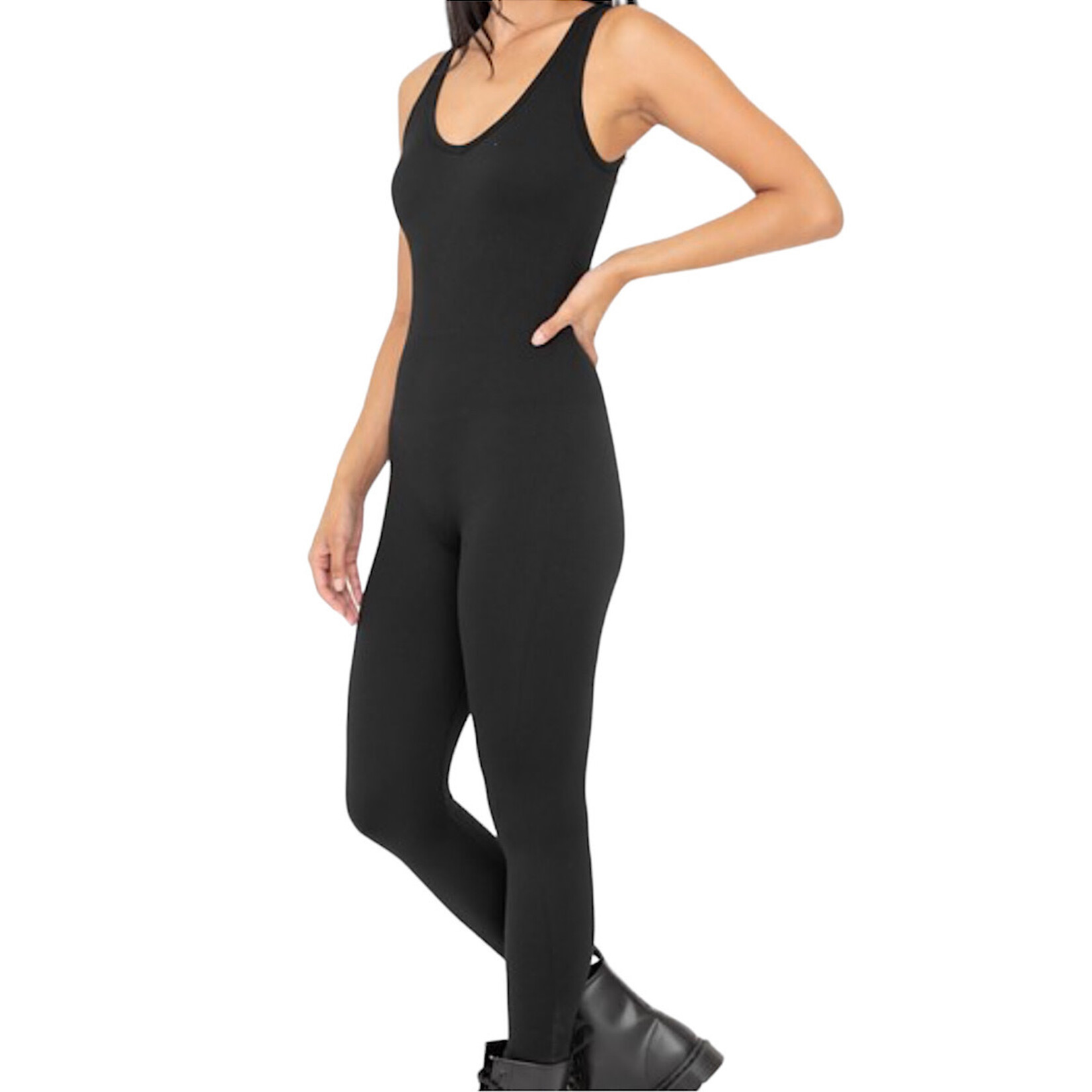 Black Ribbed Seamless V Neck Catsuit