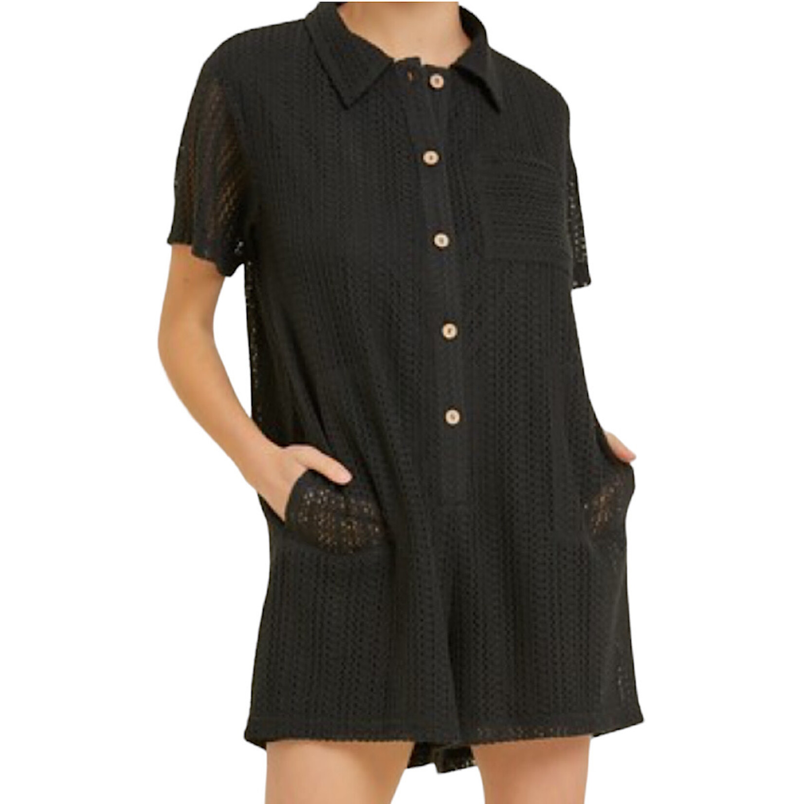 Black Button Down Crochet Romper with Pockets