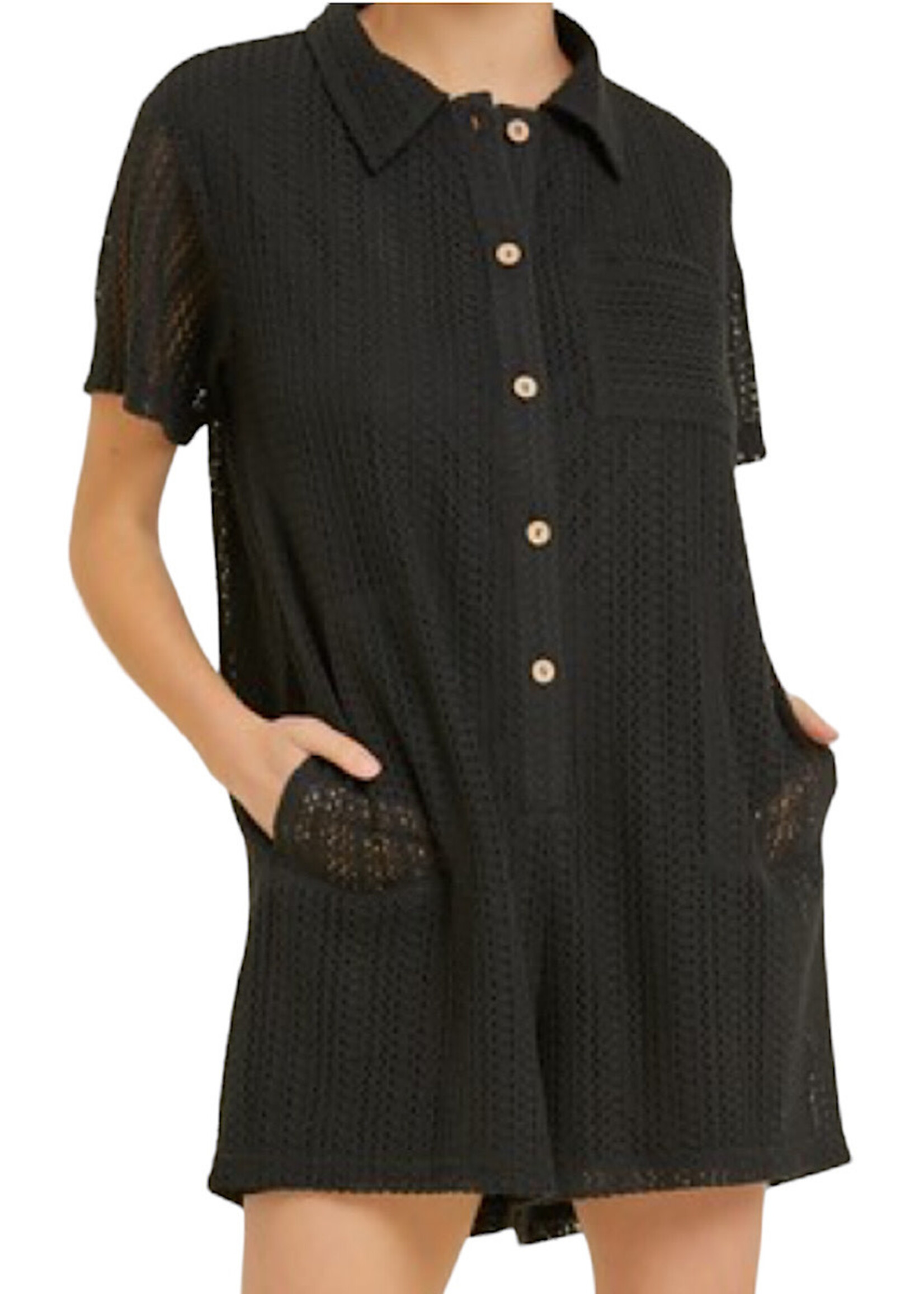 Black Button Down Crochet Romper with Pockets