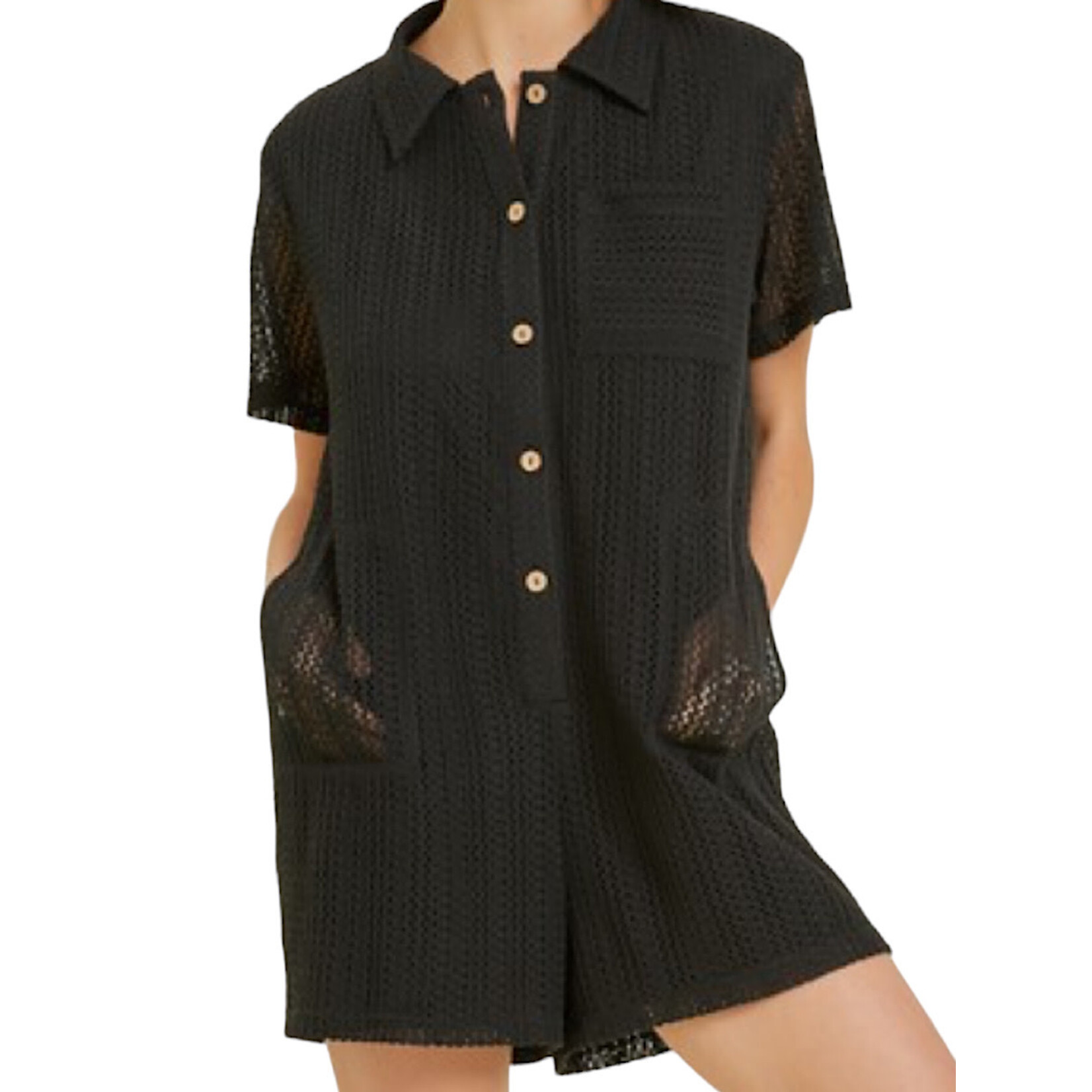 Black Button Down Crochet Romper with Pockets