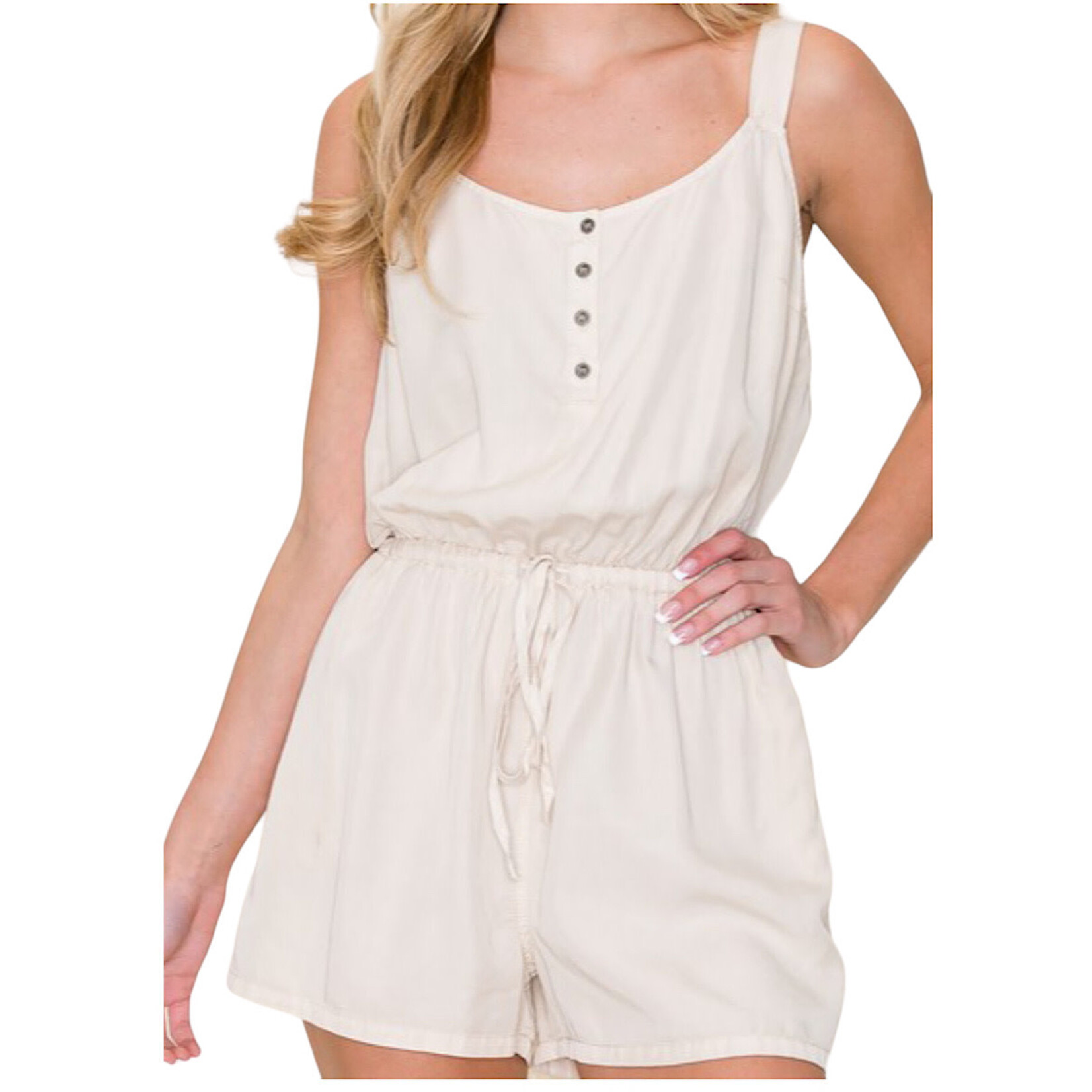 Linen Button Front Drawstring Romper