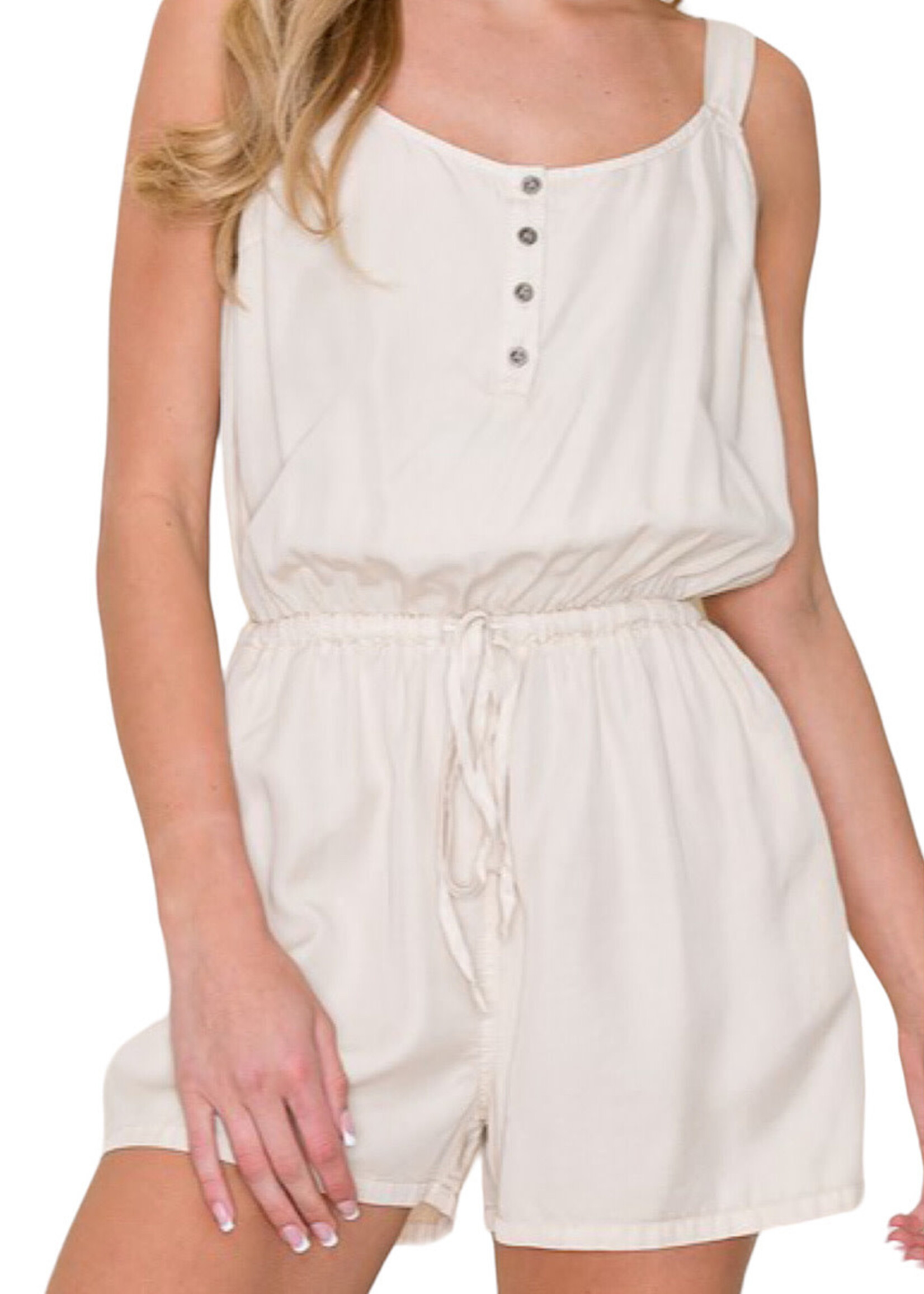 Linen Button Front Drawstring Romper