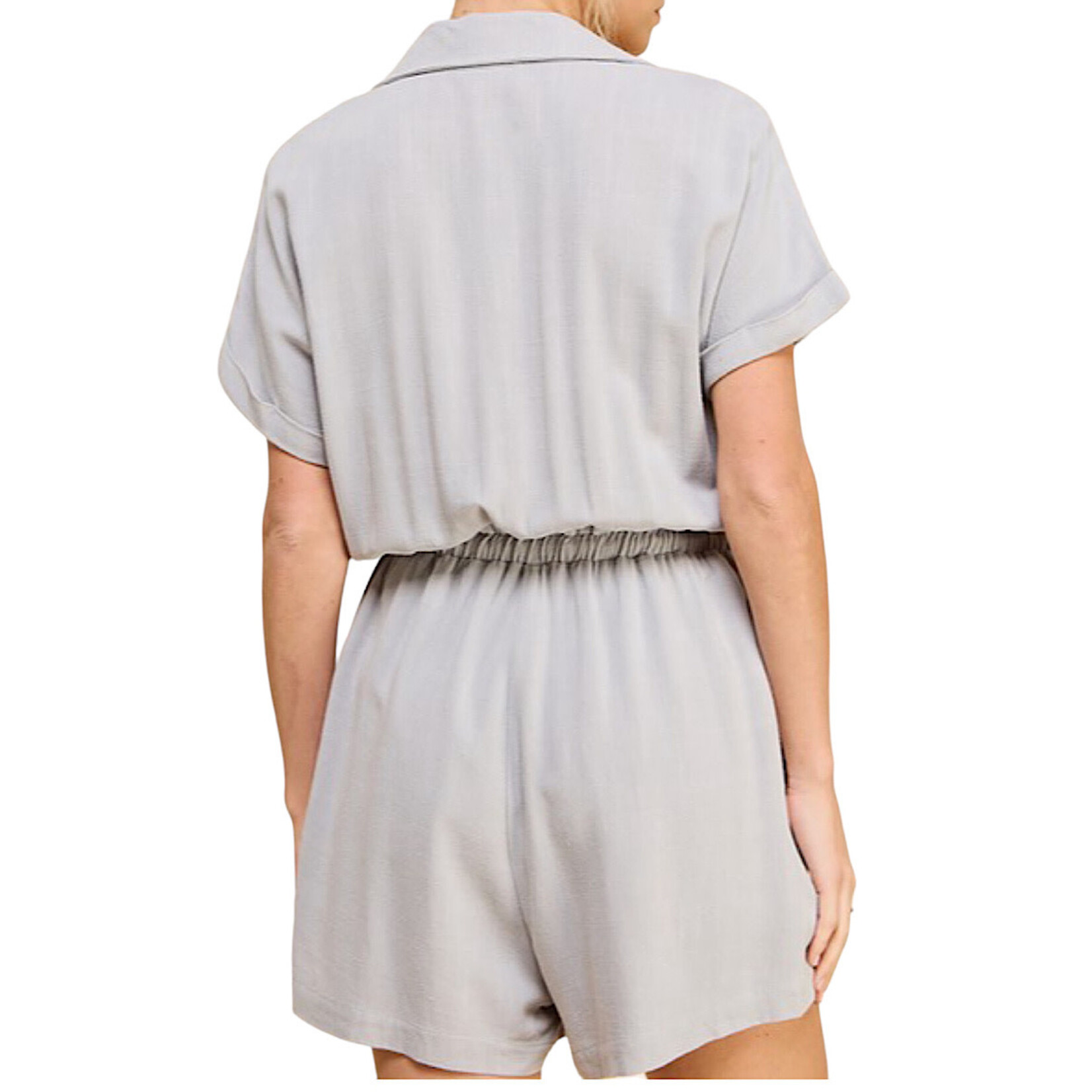 Cool Sage Linen Blend Collared Romper with Pockets