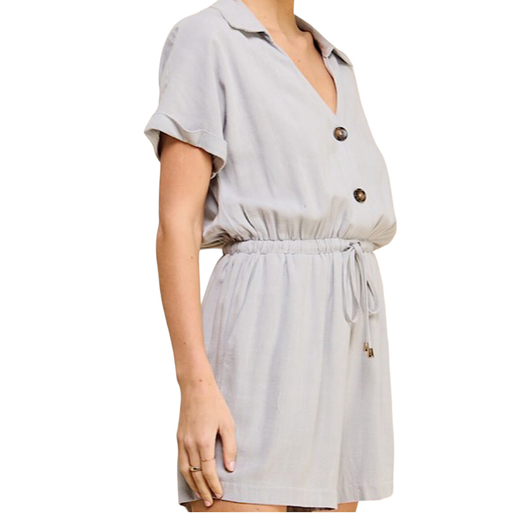 Cool Sage Linen Blend Collared Romper with Pockets