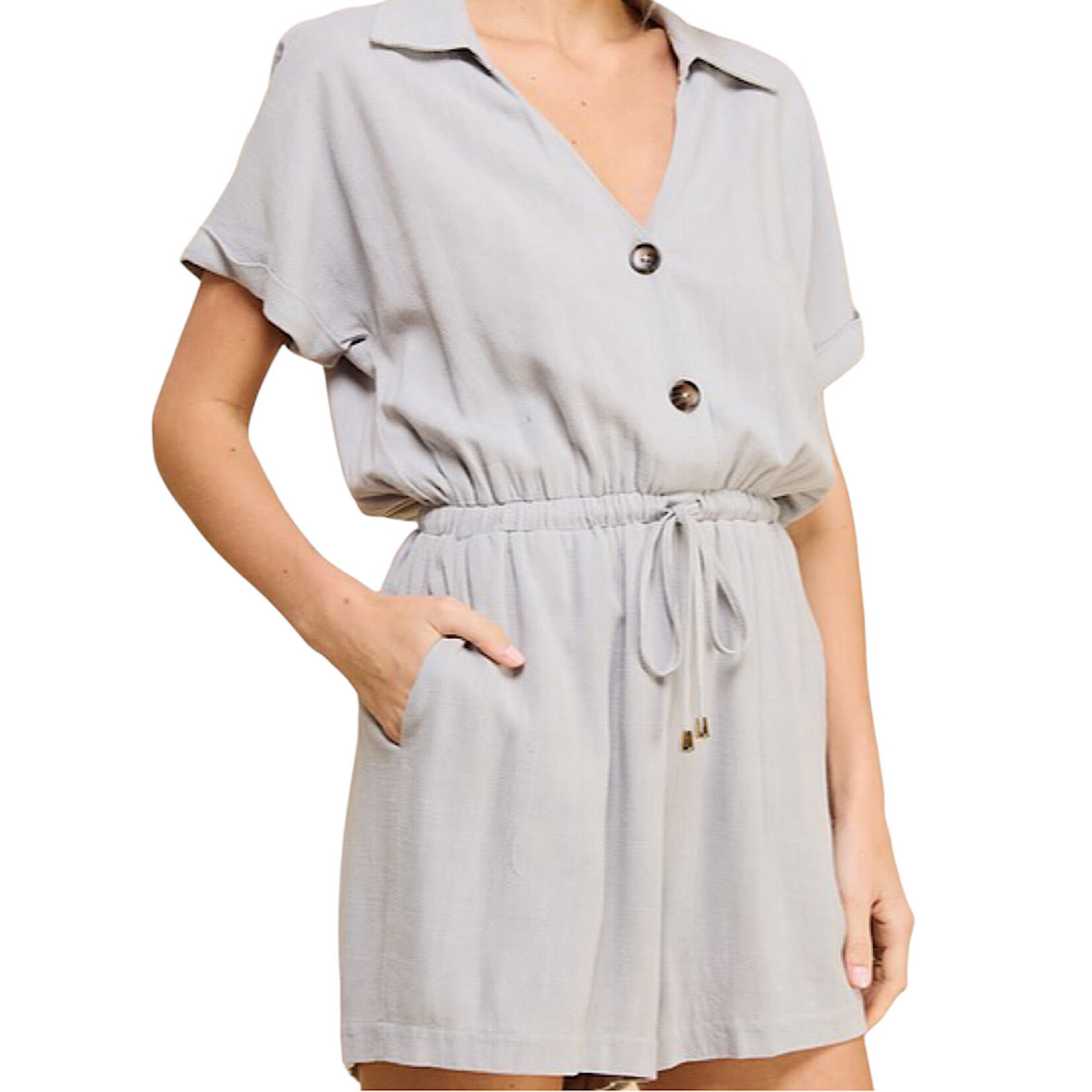 Cool Sage Linen Blend Collared Romper with Pockets
