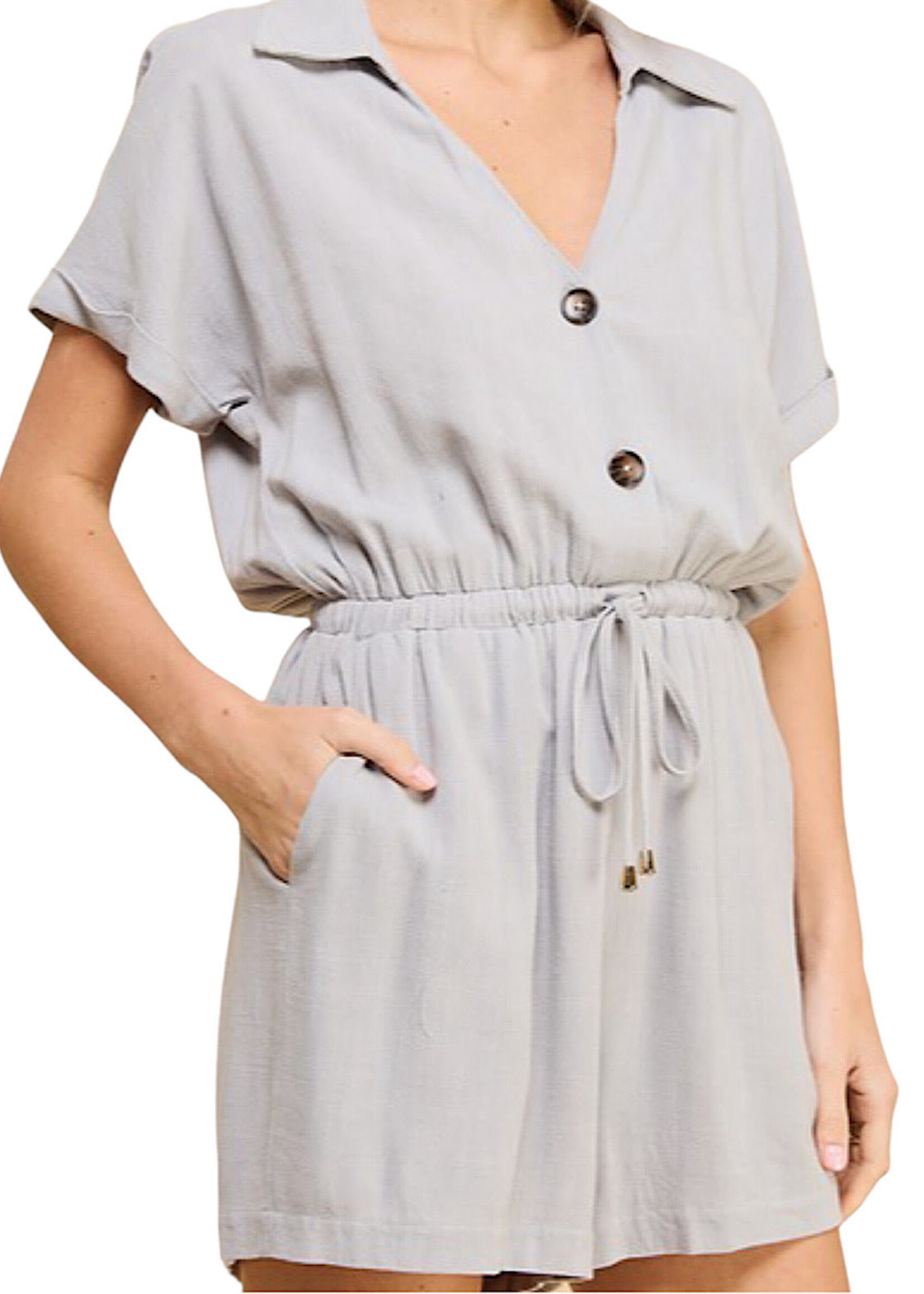 Cool Sage Linen Blend Collared Romper with Pockets