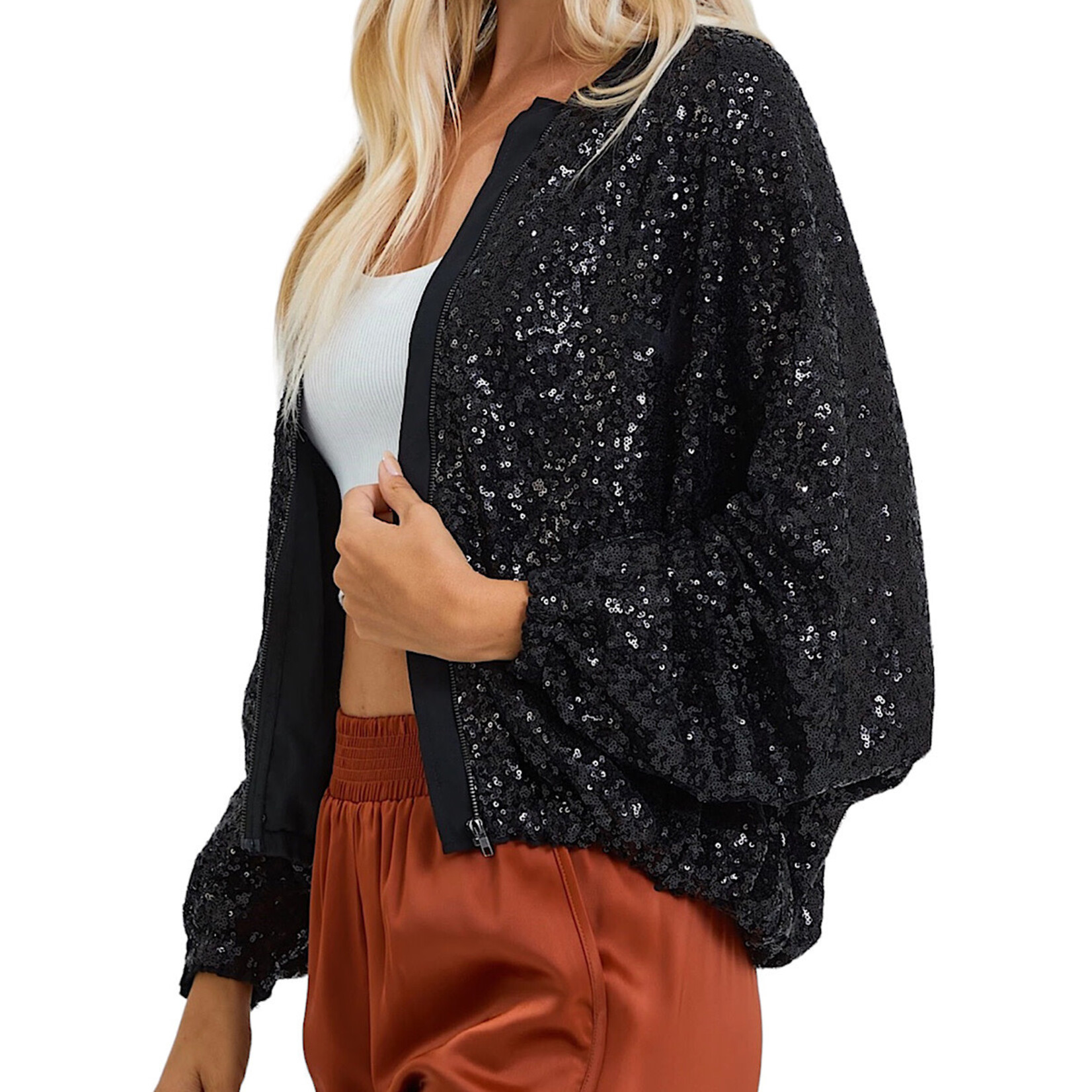 Black Sequin Bomber Jacket