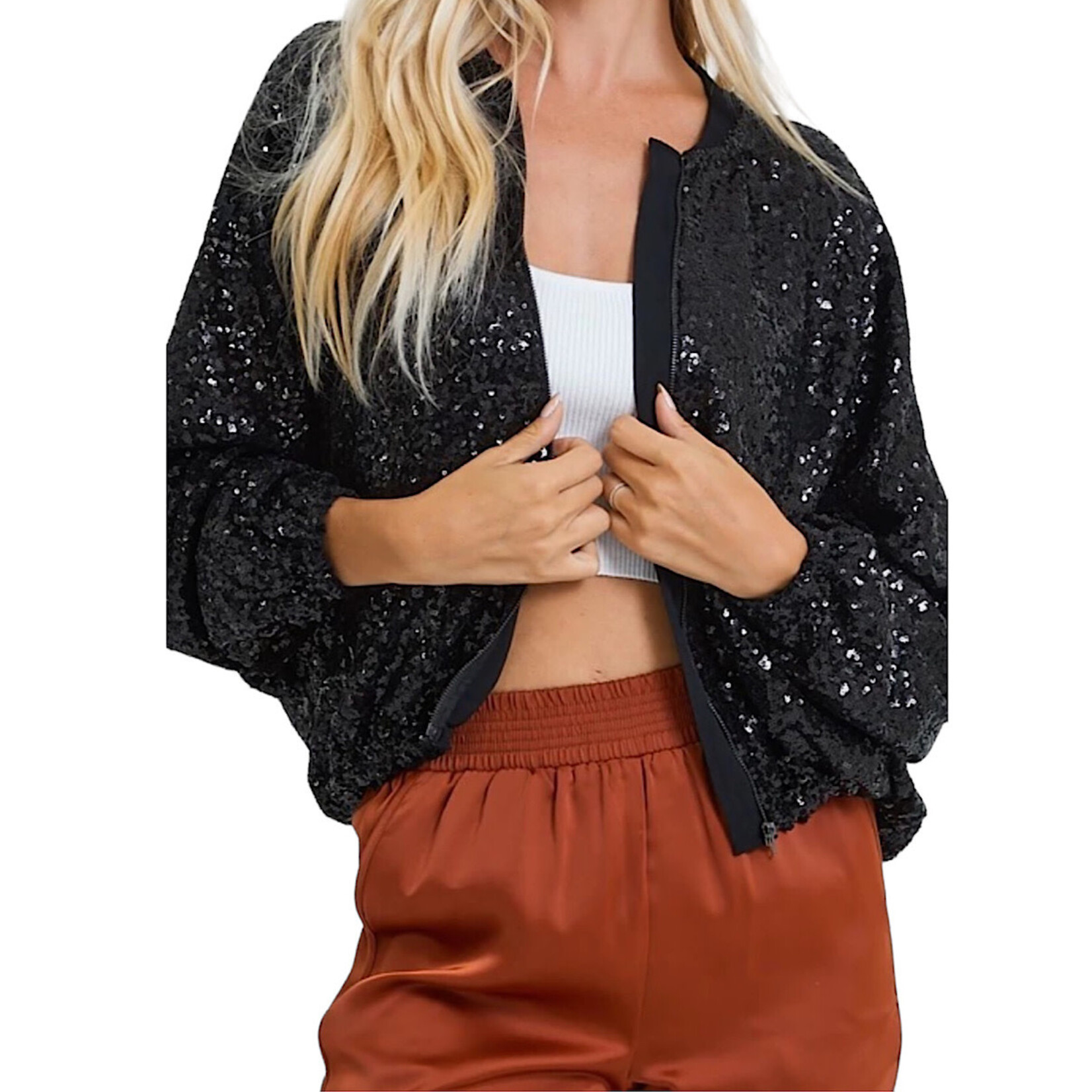 Black Sequin Bomber Jacket