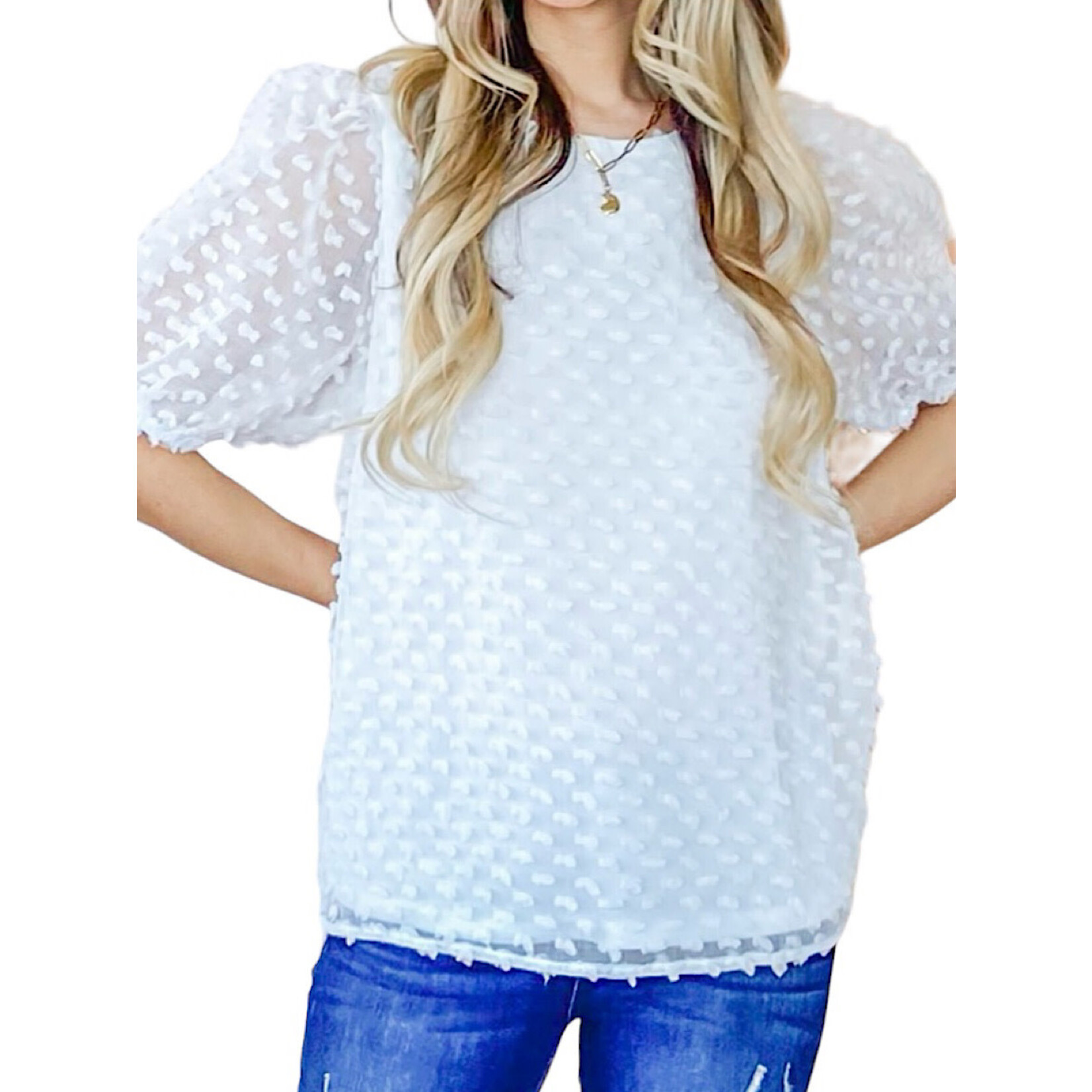 Polka Dot Puff Shoulder Woven Top
