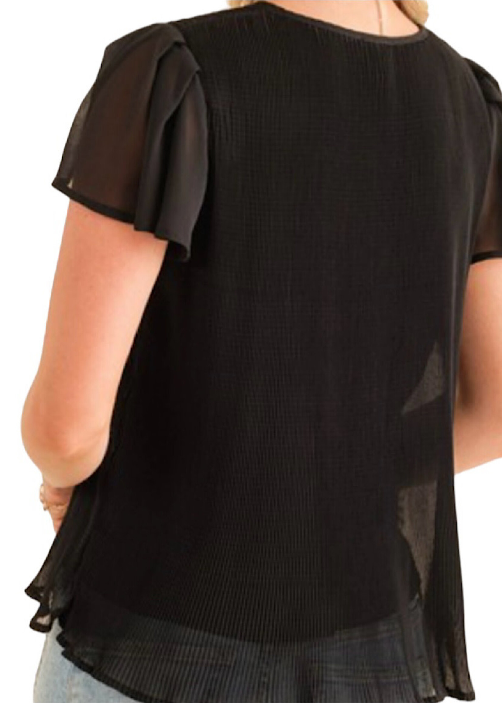 Black Accordion Pleat Chiffon Top with Contrast Sleeves