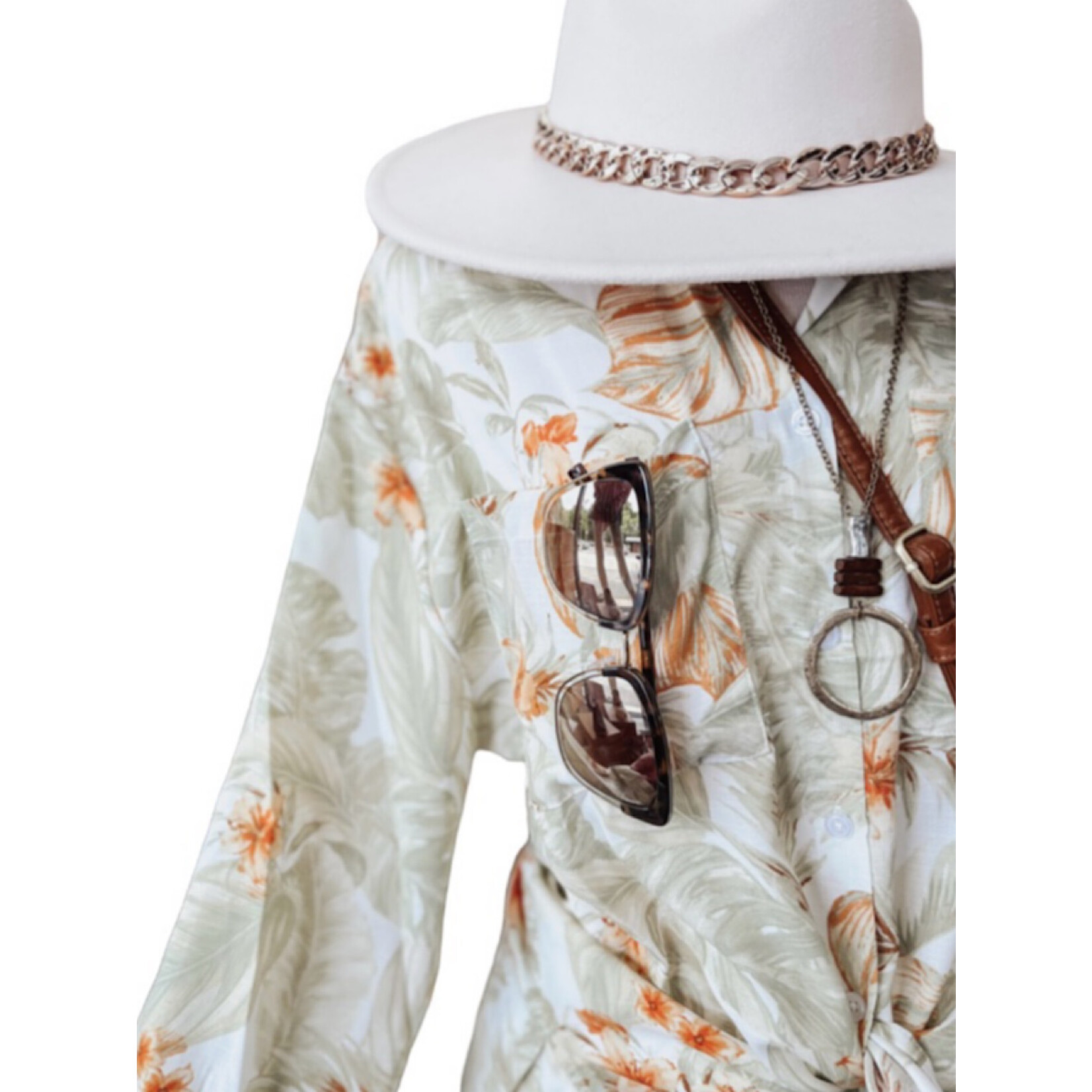 Ivory Leaf Print Button Up