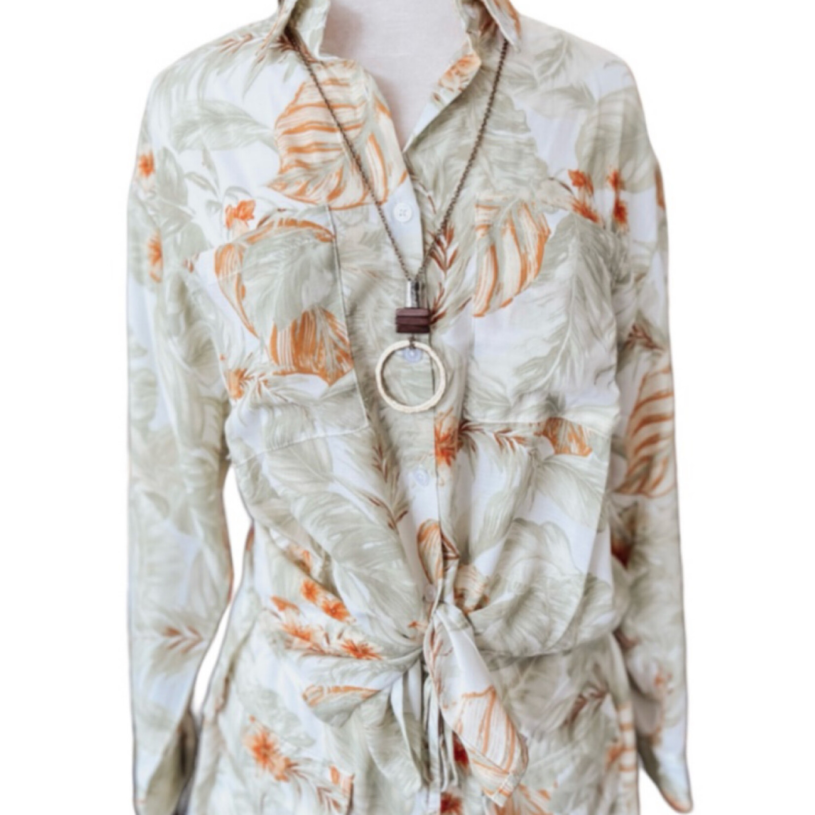 Ivory Leaf Print Button Up