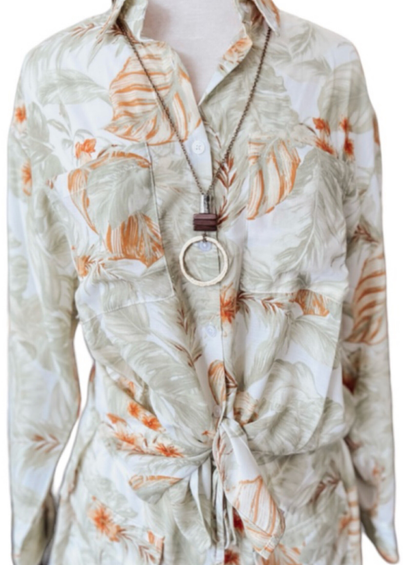 Ivory Leaf Print Button Up