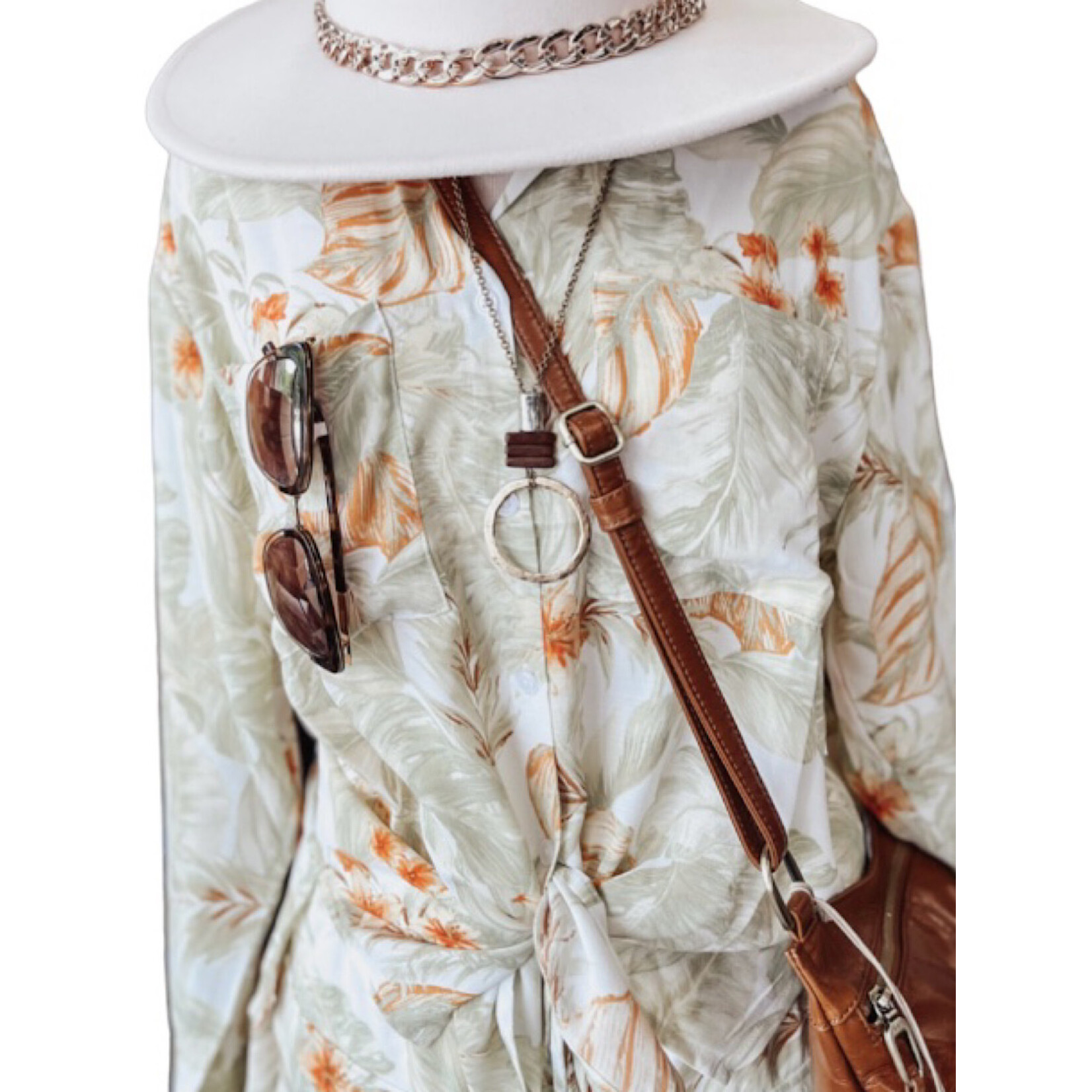 Ivory Leaf Print Button Up