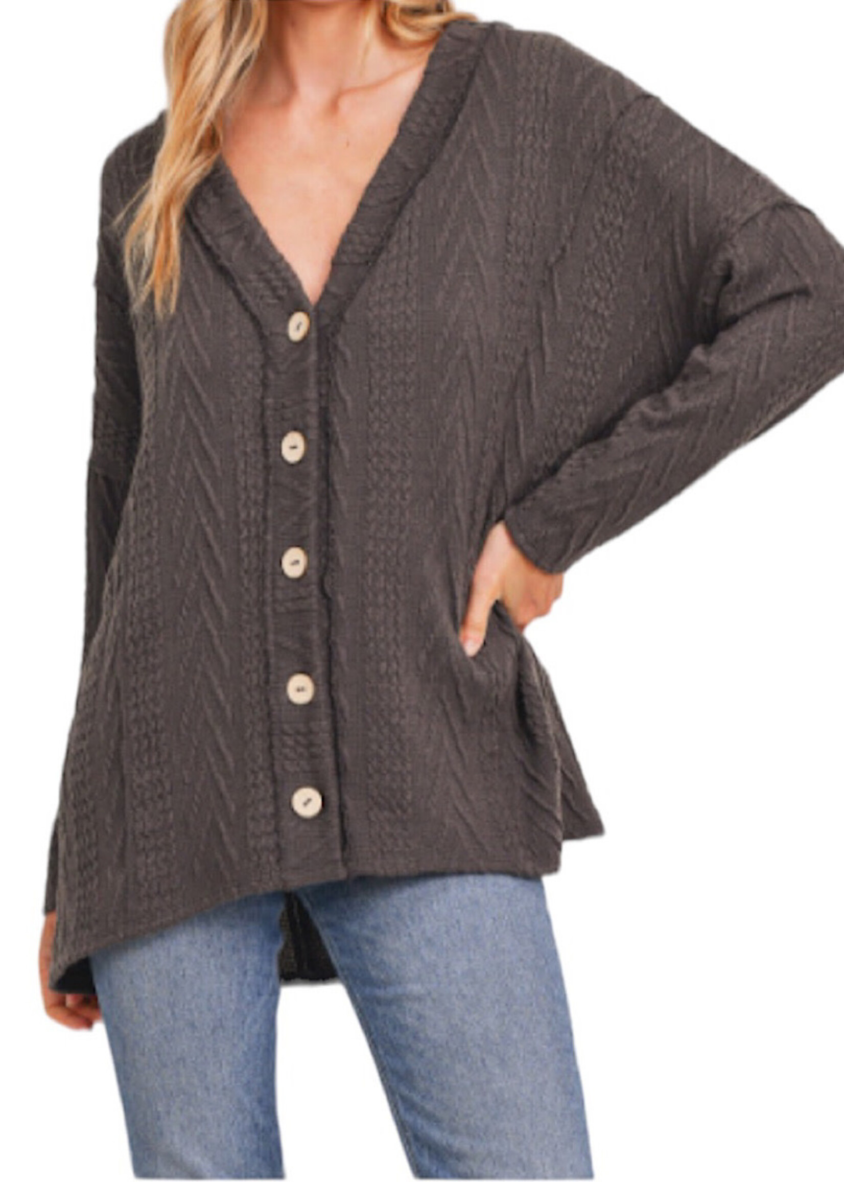 Charcoal L/S Button Down Mid Length Cardigan