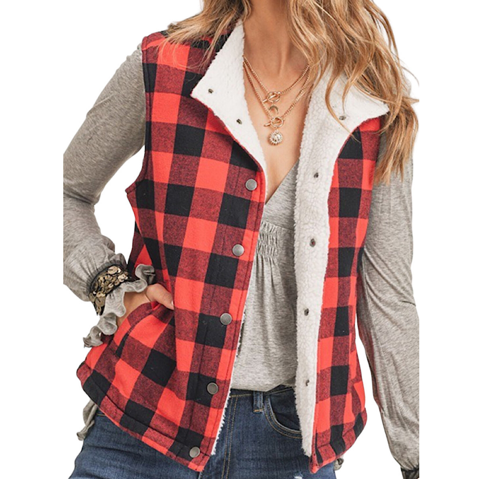 RISEN Red Buffalo Plaid Trucker Vest RDJ1129V