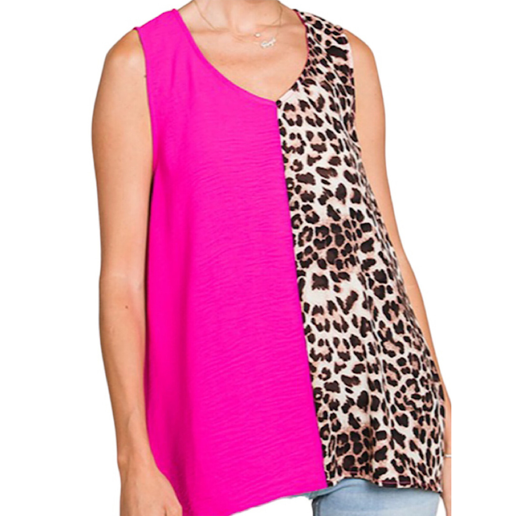 Leopard Print Color Block V Neck Top