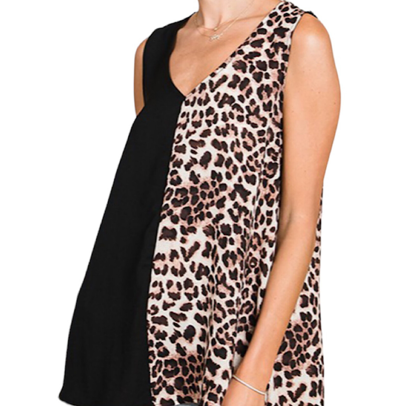 Leopard Print Color Block V Neck Top
