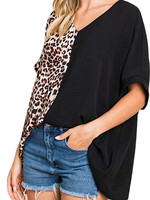 Black Leopard Color Block Boxy Top