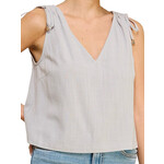Cool Sage V-Neck Sleeveless Linen Blend Tank with Shoulder Drawstring