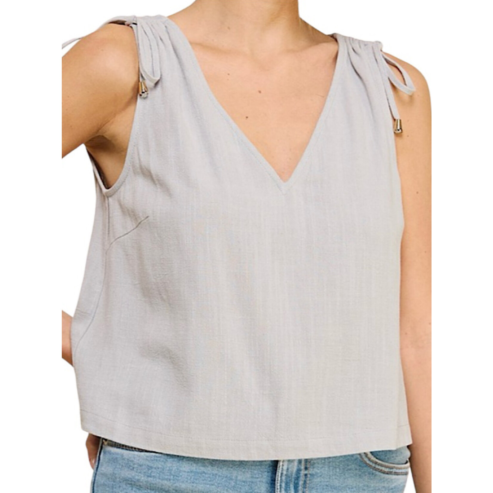 Cool Sage V-Neck Sleeveless Linen Blend Tank with Shoulder Drawstring