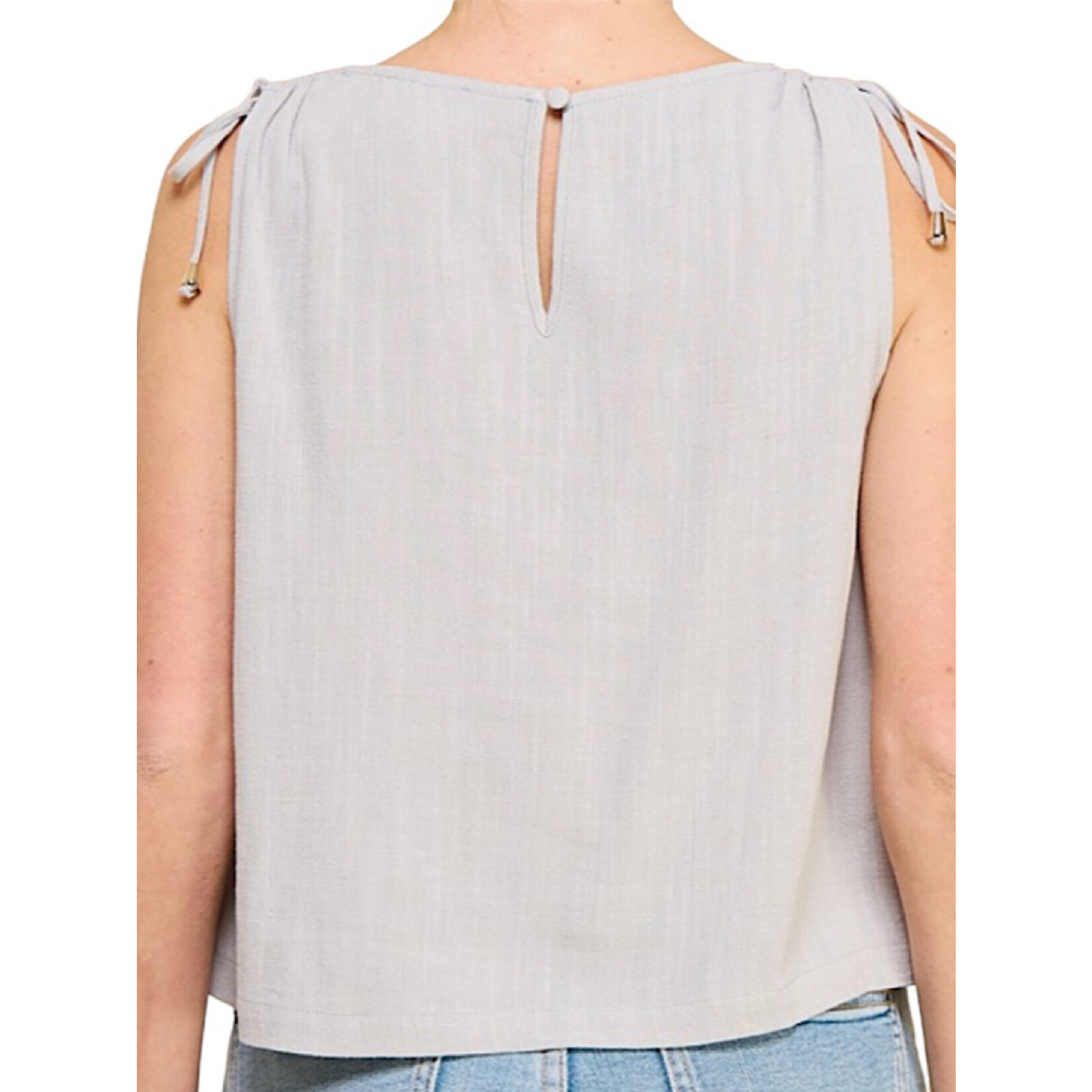 Cool Sage V-Neck Sleeveless Linen Blend Tank with Shoulder Drawstring