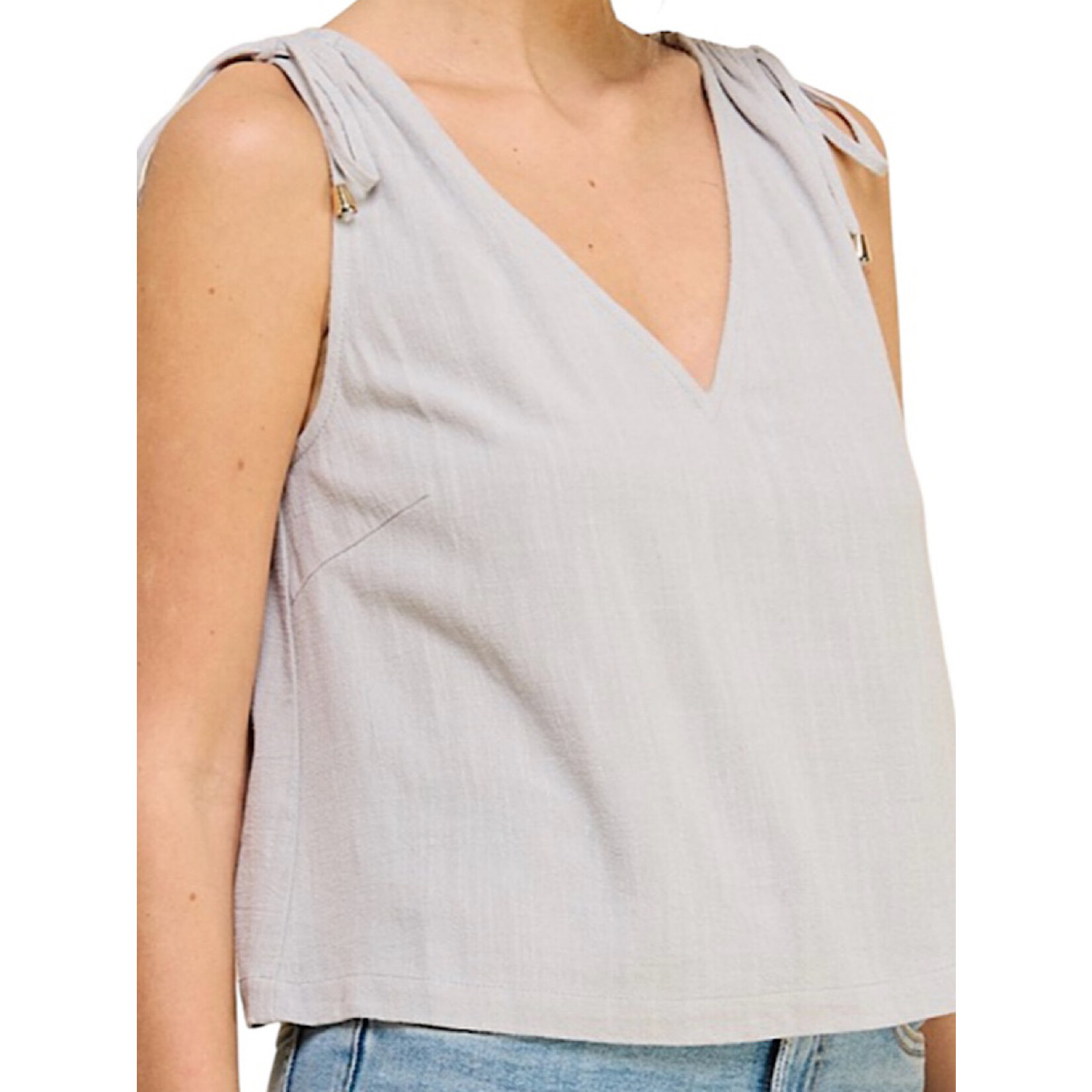 Cool Sage V-Neck Sleeveless Linen Blend Tank with Shoulder Drawstring