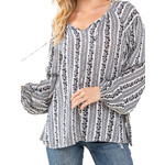 Plus Black Round Split Neck Flare Top with Balloon Sleeves