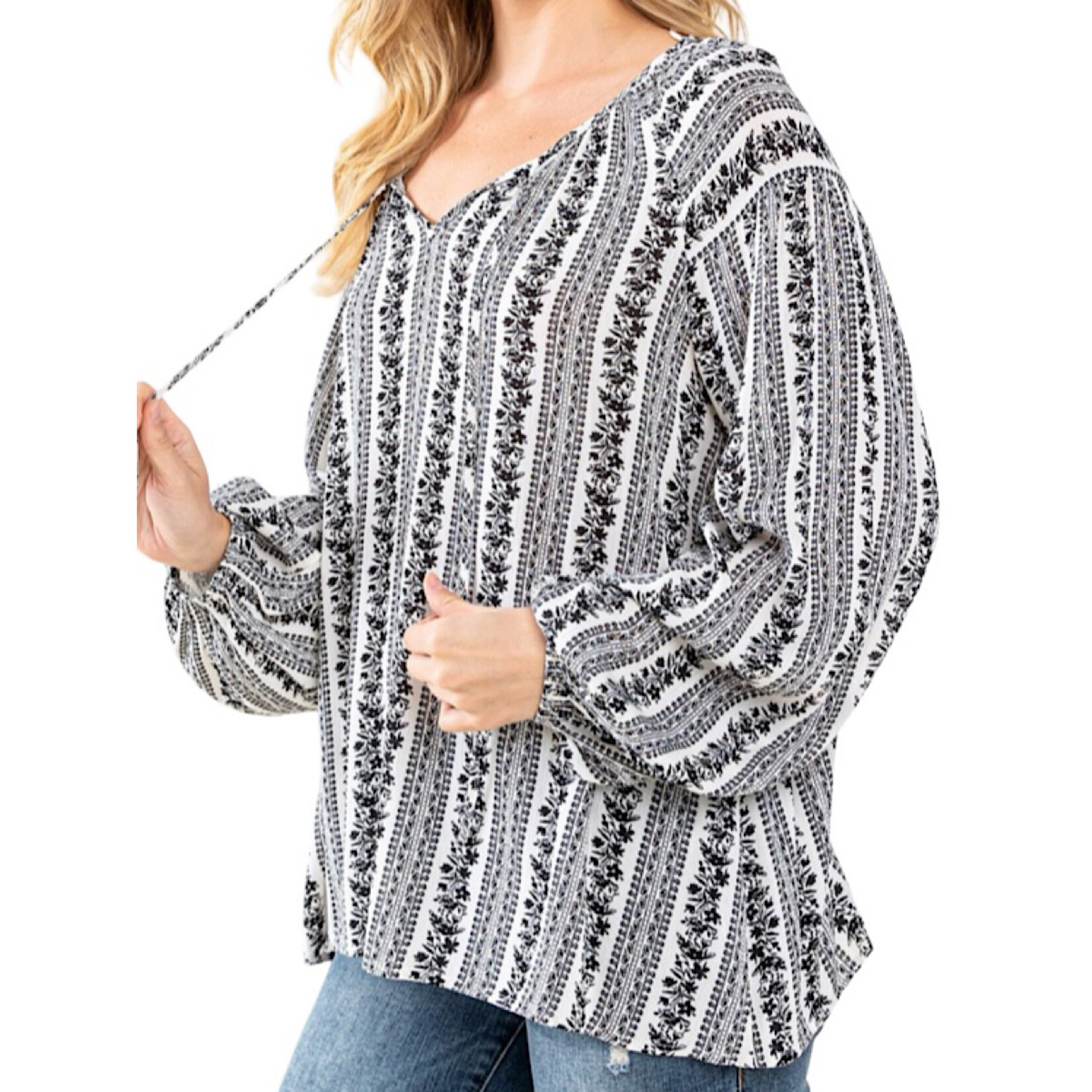 Plus Black Round Split Neck Flare Top with Balloon Sleeves