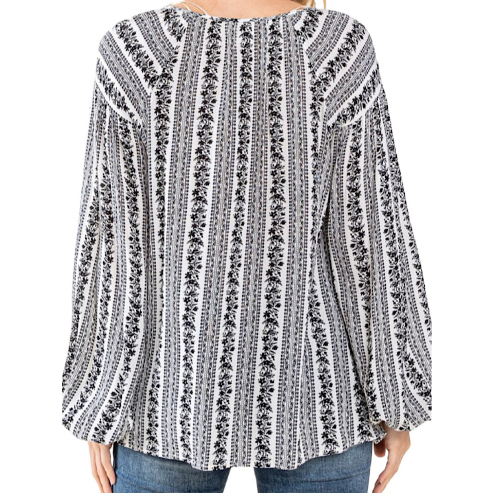 Plus Black Round Split Neck Flare Top with Balloon Sleeves